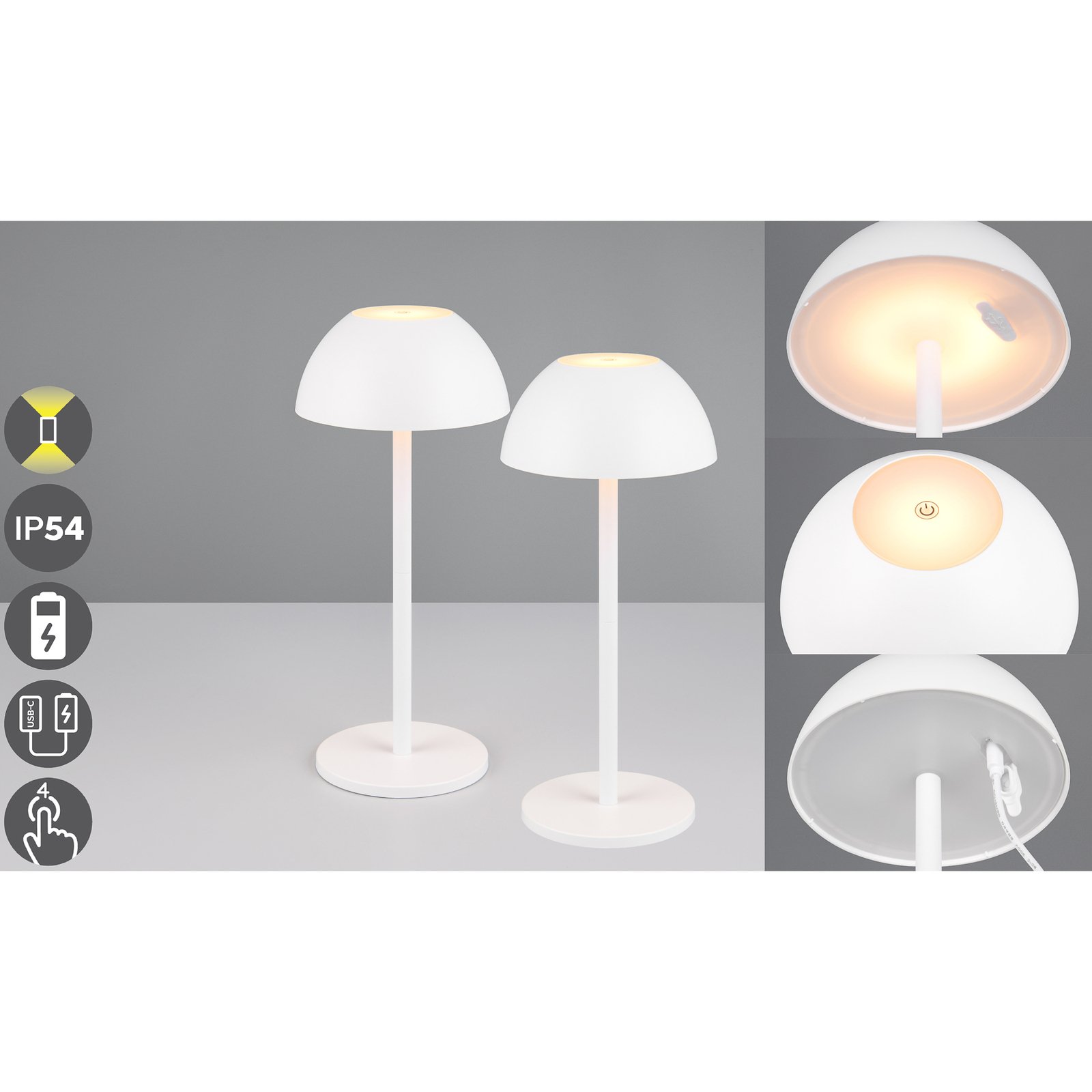 Candeeiro de mesa recarregável Ricardo LED, branco, altura 30 cm, plástico