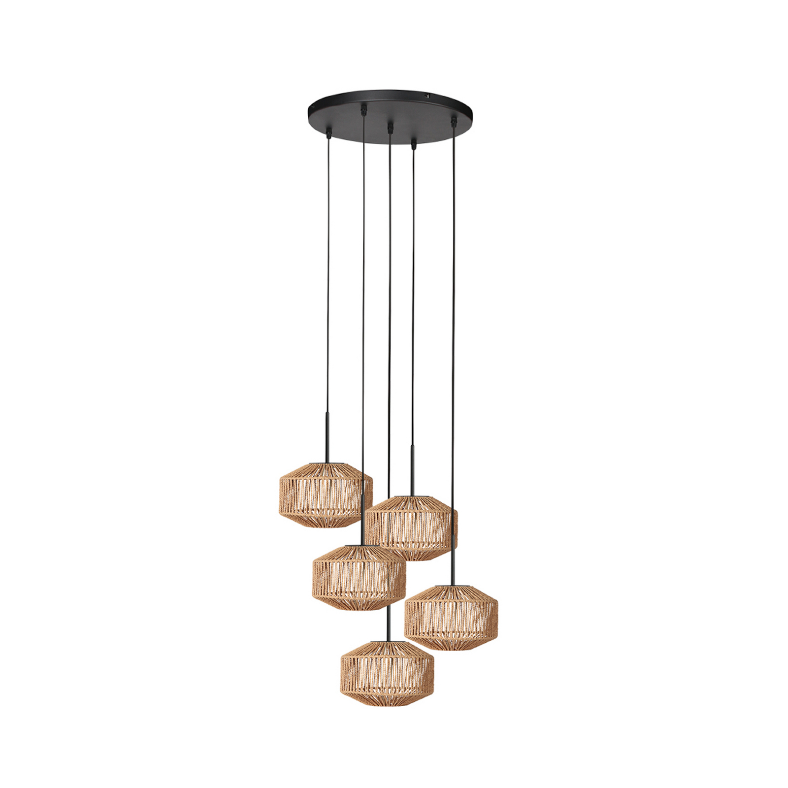Suspension Ropex 4525, à 5 lampes, ronde, noire, câble marron