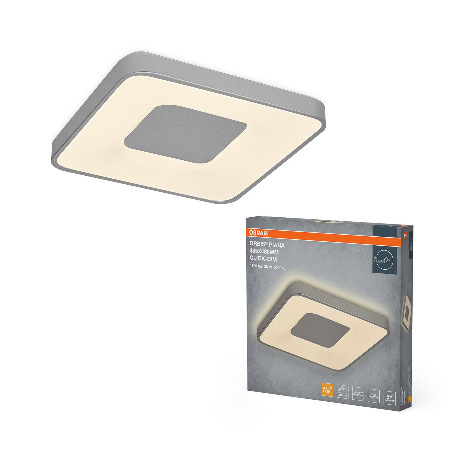 Φωτιστικό οροφής LED OSRAM ORBIS PIANA, ασημί, 49 x 49 εκ., clickdim Φωτιστικό οροφής LED OSRAM ORBIS PIANA, ασημί, 49 x 49 εκ., clickdim