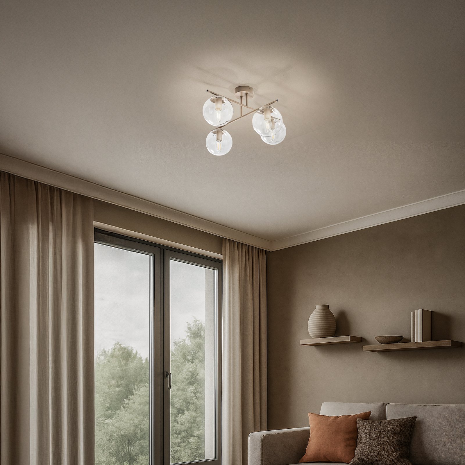 Griestu lampa Zoe, smilškrāsā, garums 51 cm, stikls, 4 spuldzes, E14