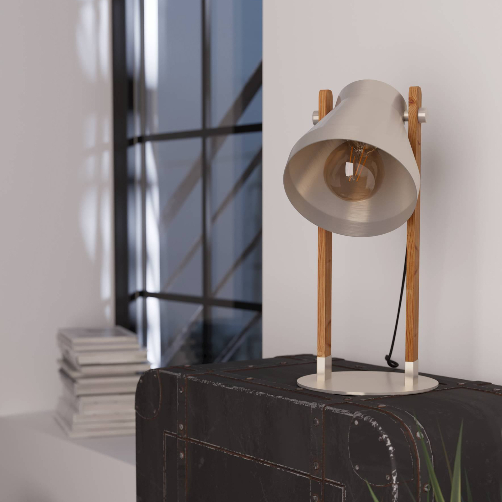 Stolová lampa Cawton, výška 38 cm, oceľ/hnedá, oceľ/drevo