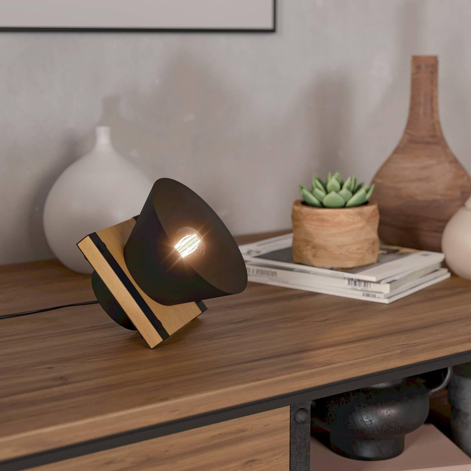 Zdjęcia - Lampa stołowa EGLO  Maccles czarna z drewnem 
