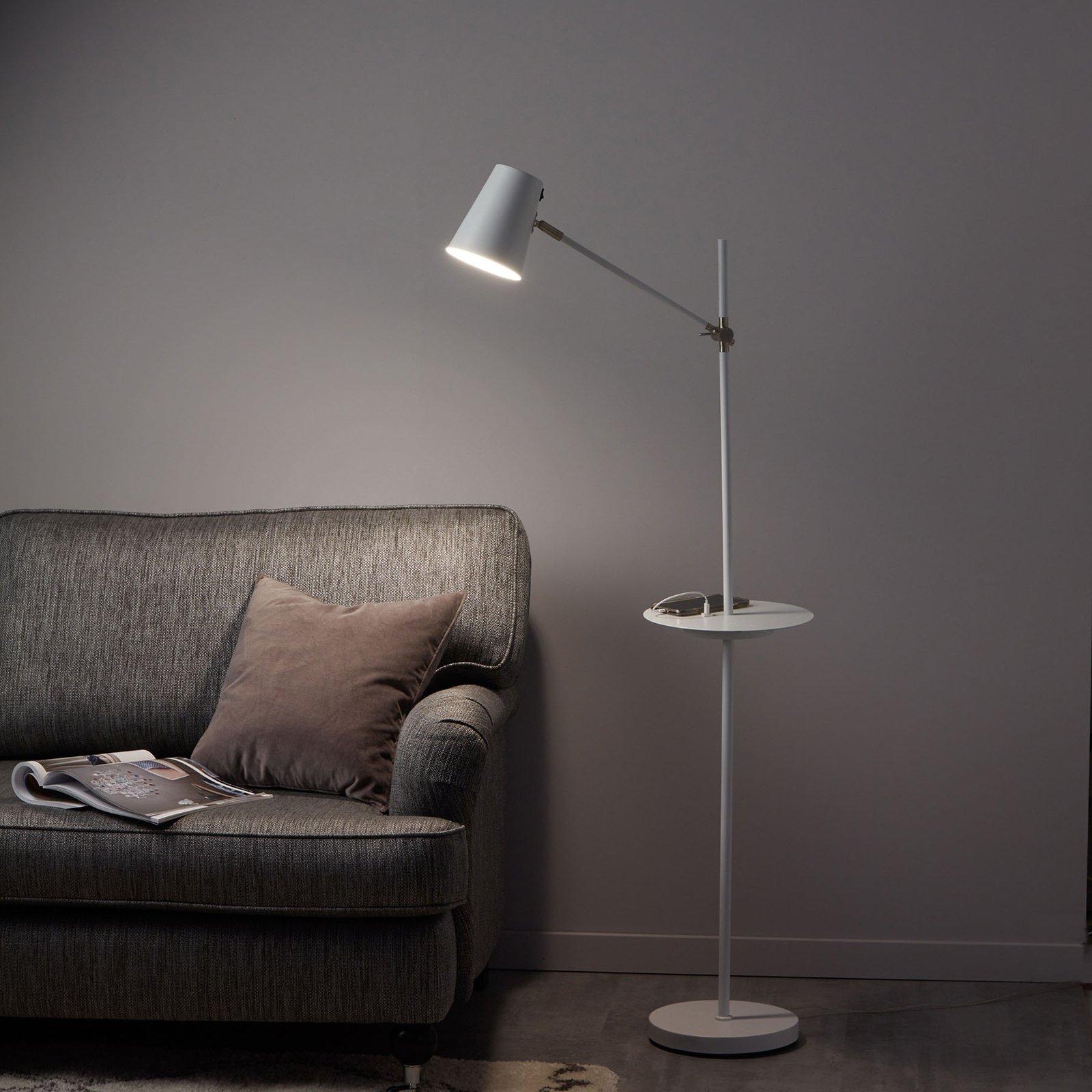 Linear floor lamp with USB charging station, white