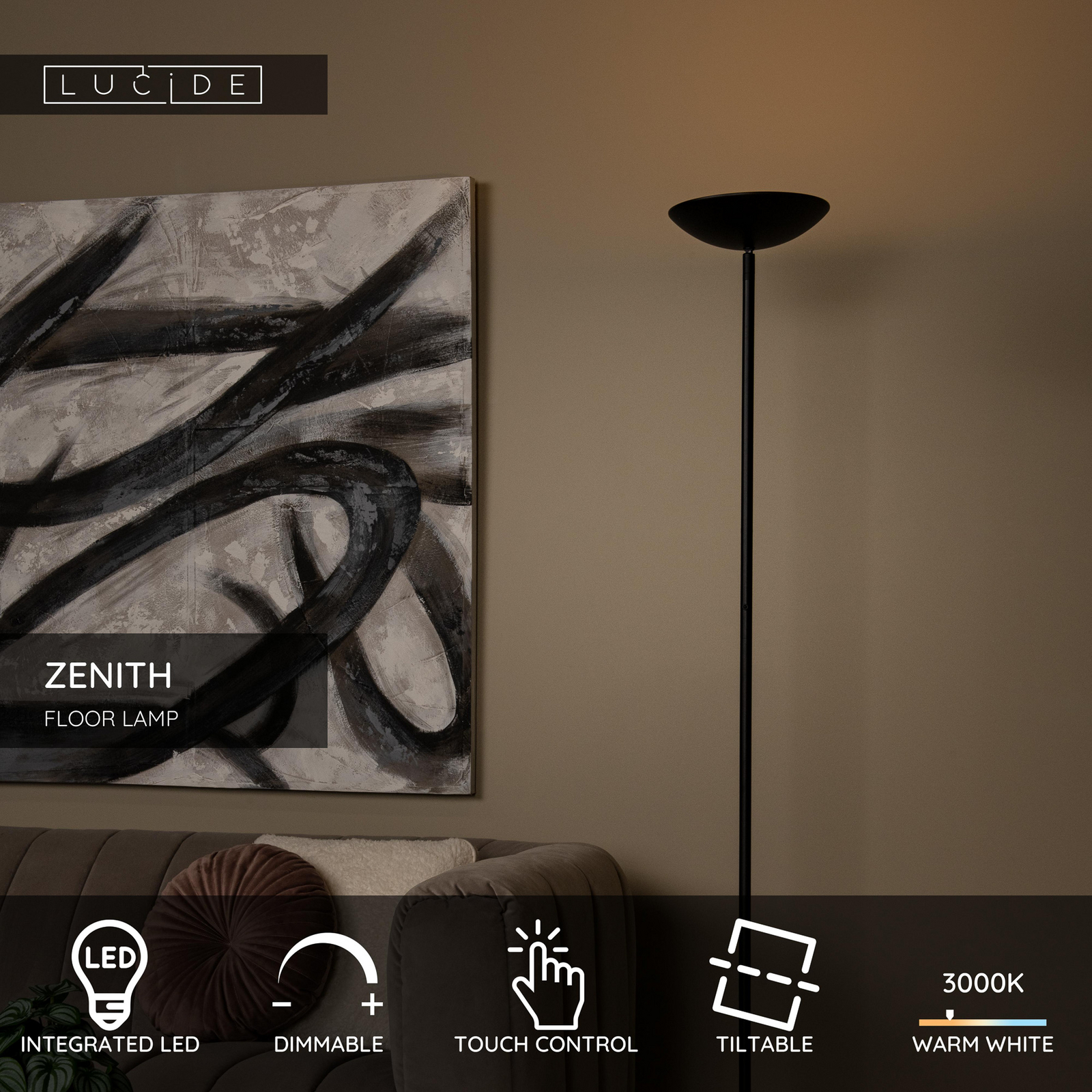 Lámpara de pie LED ZENITH, negra, altura 180 cm, metal, atenuable