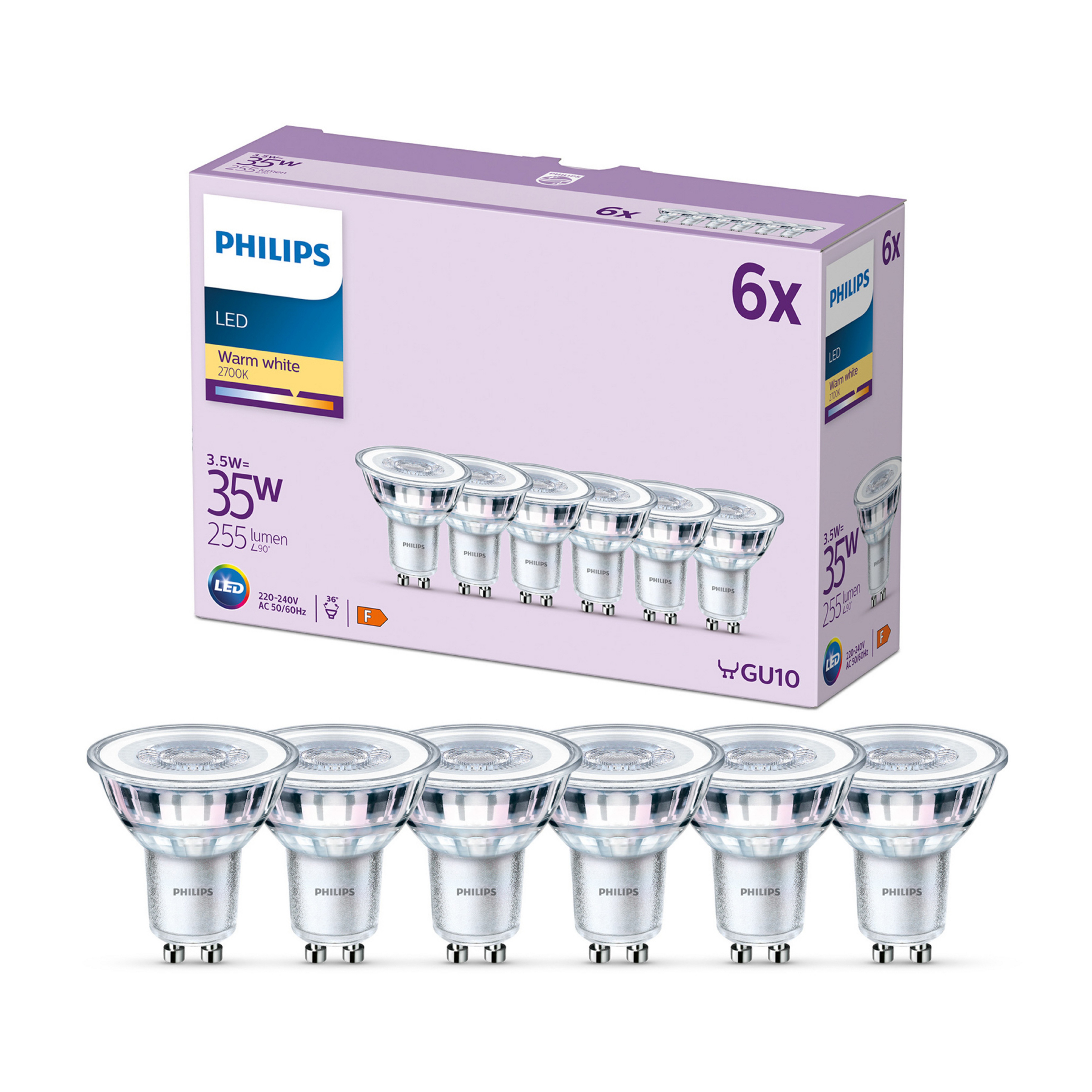Philips Ampoule LED GU10 3,5W 255lm 827 claire 36° 6 pièces