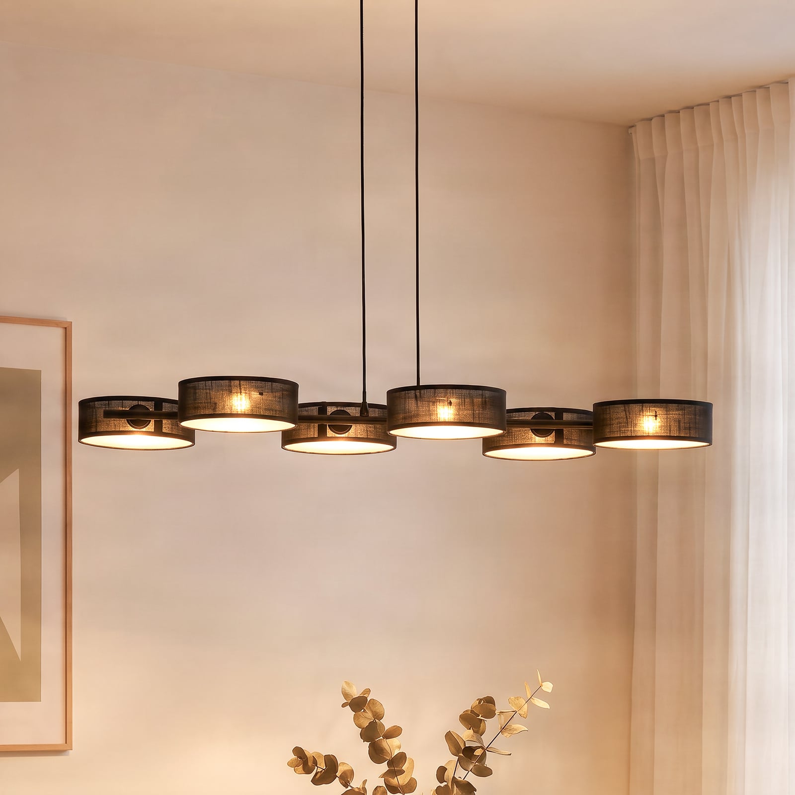Suspension DRUMZ, noire, longueur 100 cm, à 6 lampes, tissu, E14