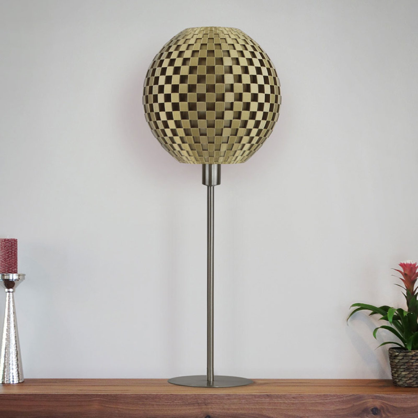 Flechtwerk table lamp, globe with base, gold