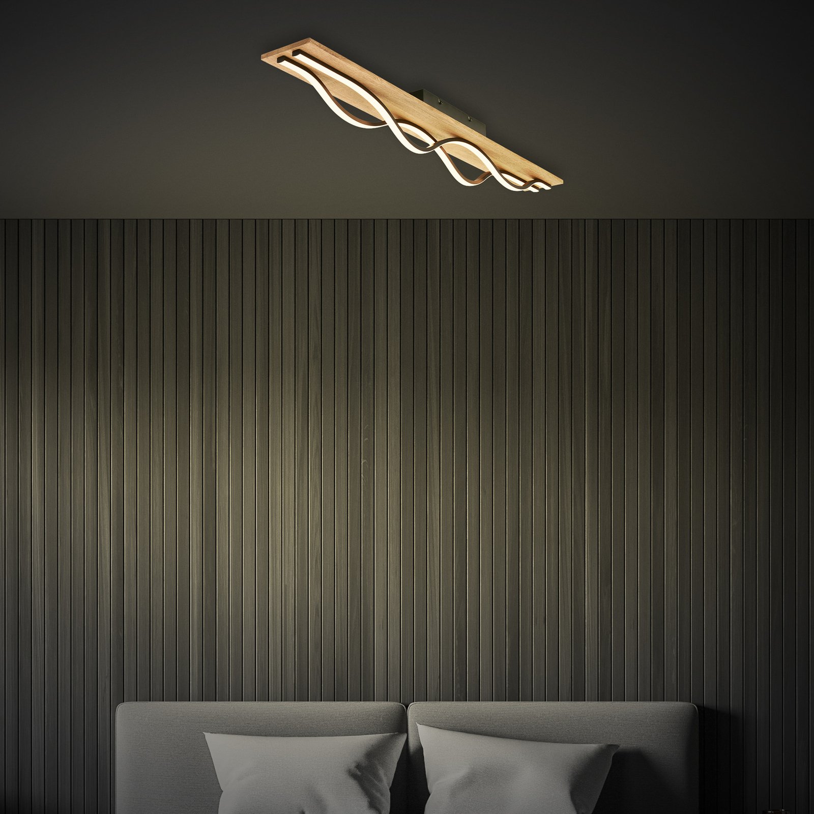 Plafonnier LED Vinka, 98x11 cm, à 2 lampes, couleur bois