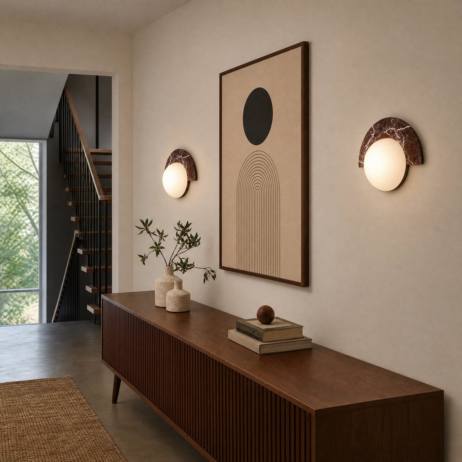 Lucande Larissa LED wall light, 28 cm, grey, marble, glass
