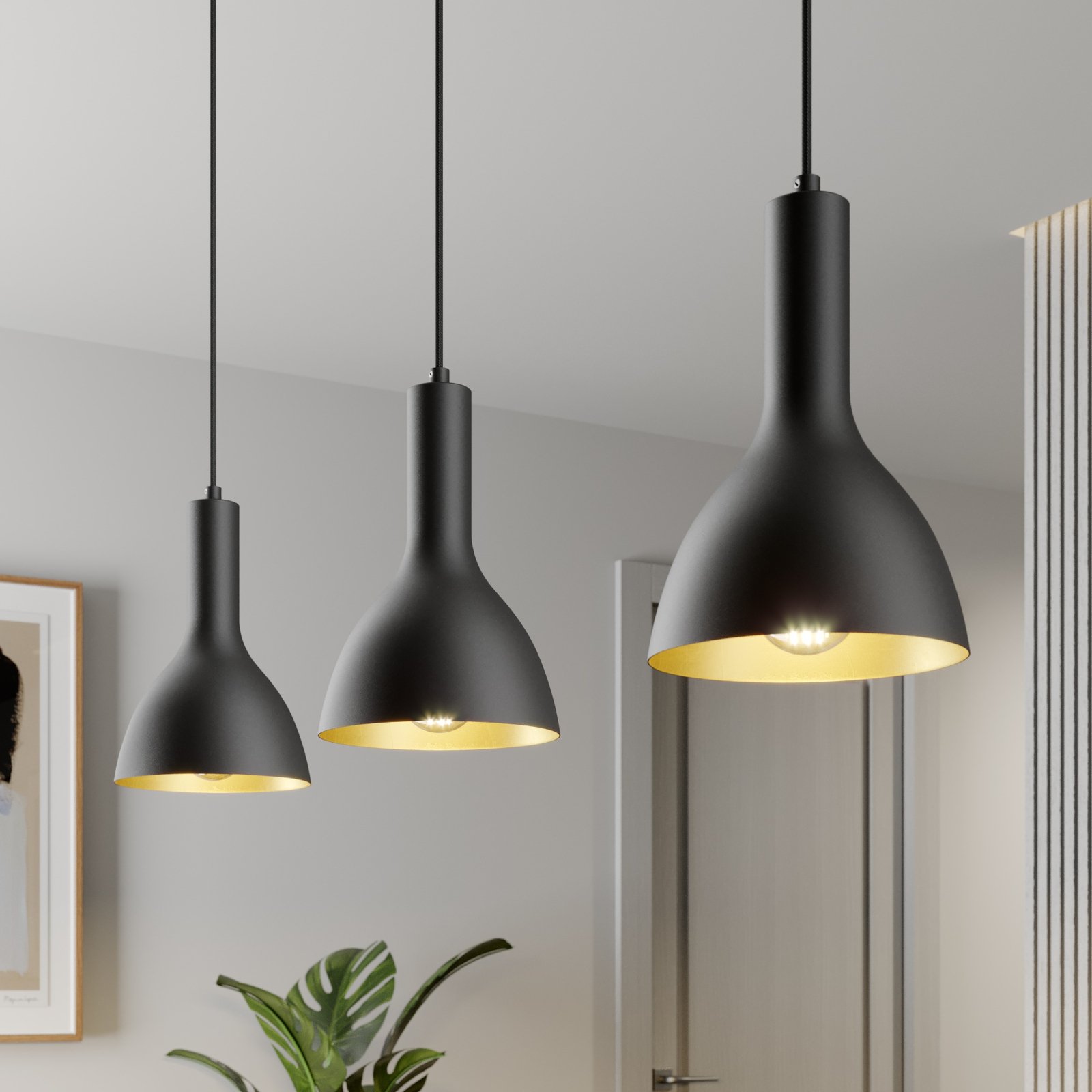 Arcchio Cosmina hanglamp, 3-lamps lang zwart