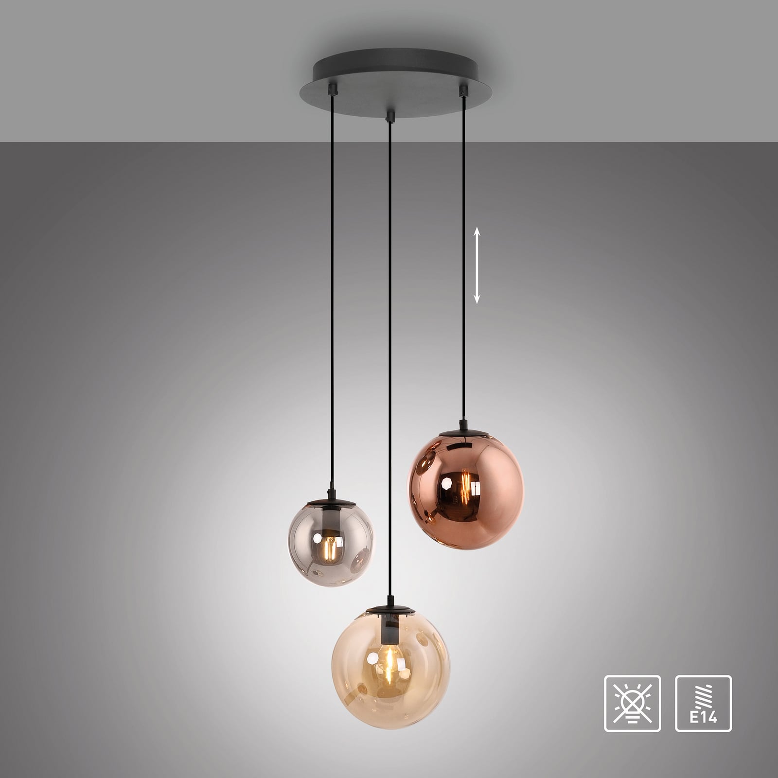 Shiny pendant light, 3-bulb, round, multicoloured, glass, E14 Shiny pendant light, 3-bulb, round, multicoloured, glass, E14