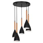 Suspension Muza ronde à 5 lampes noir/blanc/bois