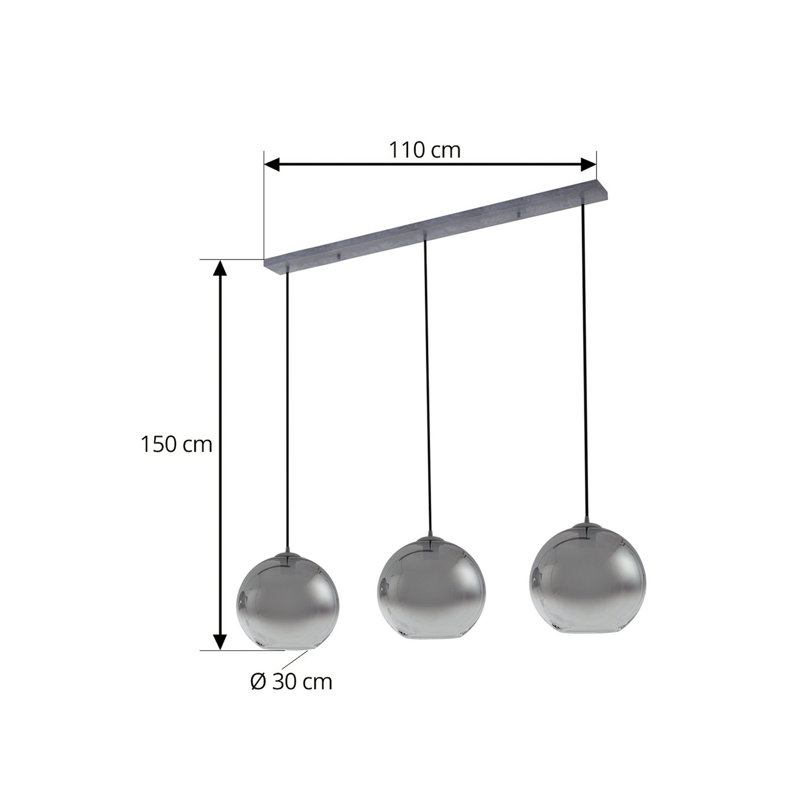 Lucande, suspension Brillar, gris fumé, verre, à 3 lampes, 128 cm