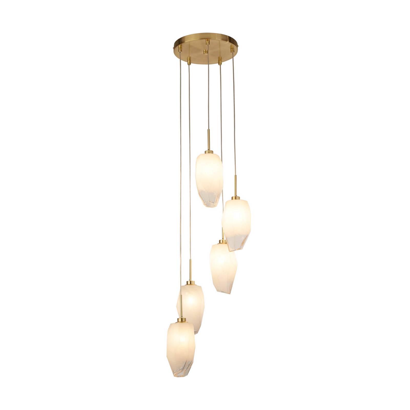Pendelleuchte Rocky, 5-fl., rund, messingfarben, Stahl, Glas