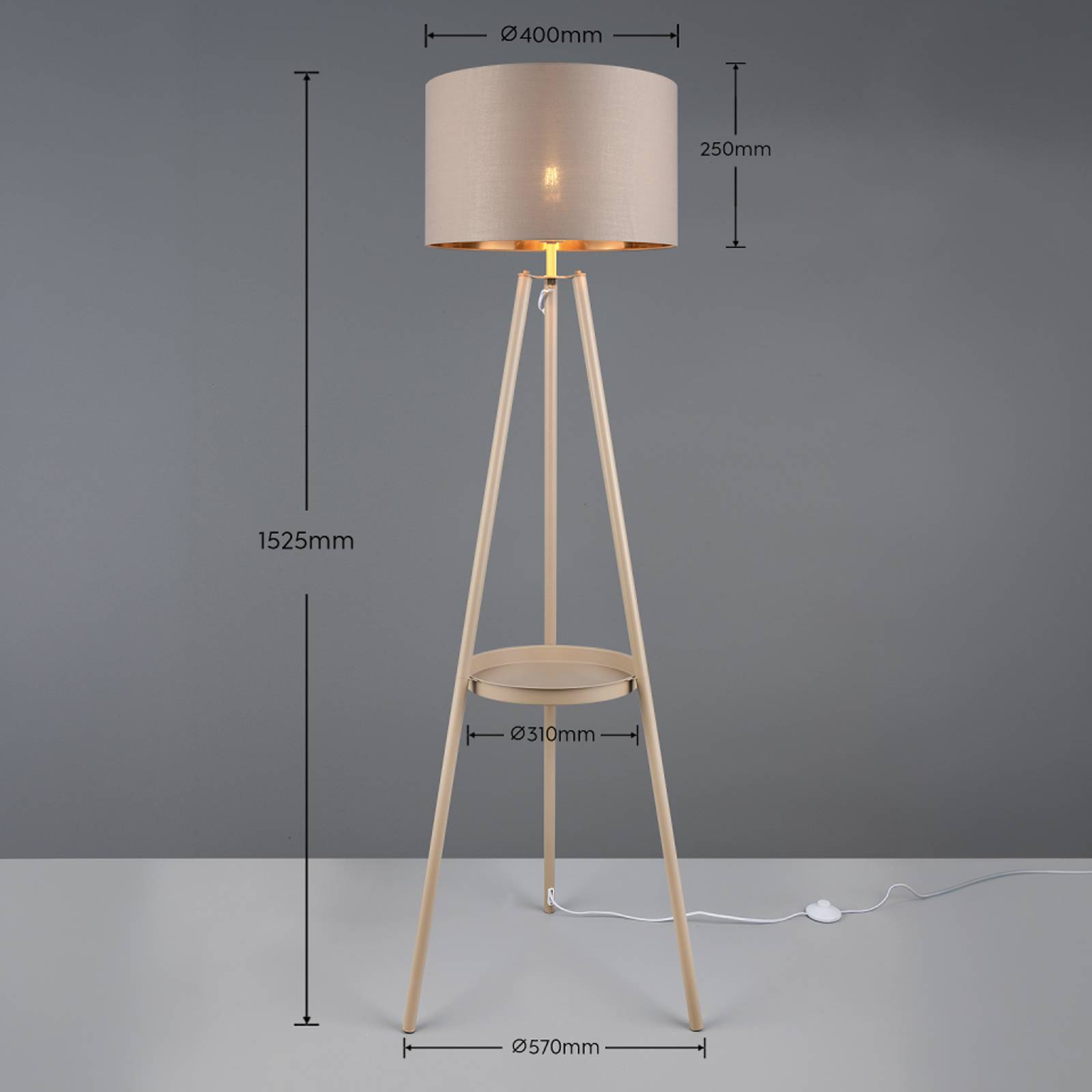 Gulvlampe Colette, beige, trebenet, metall, stoff, E27