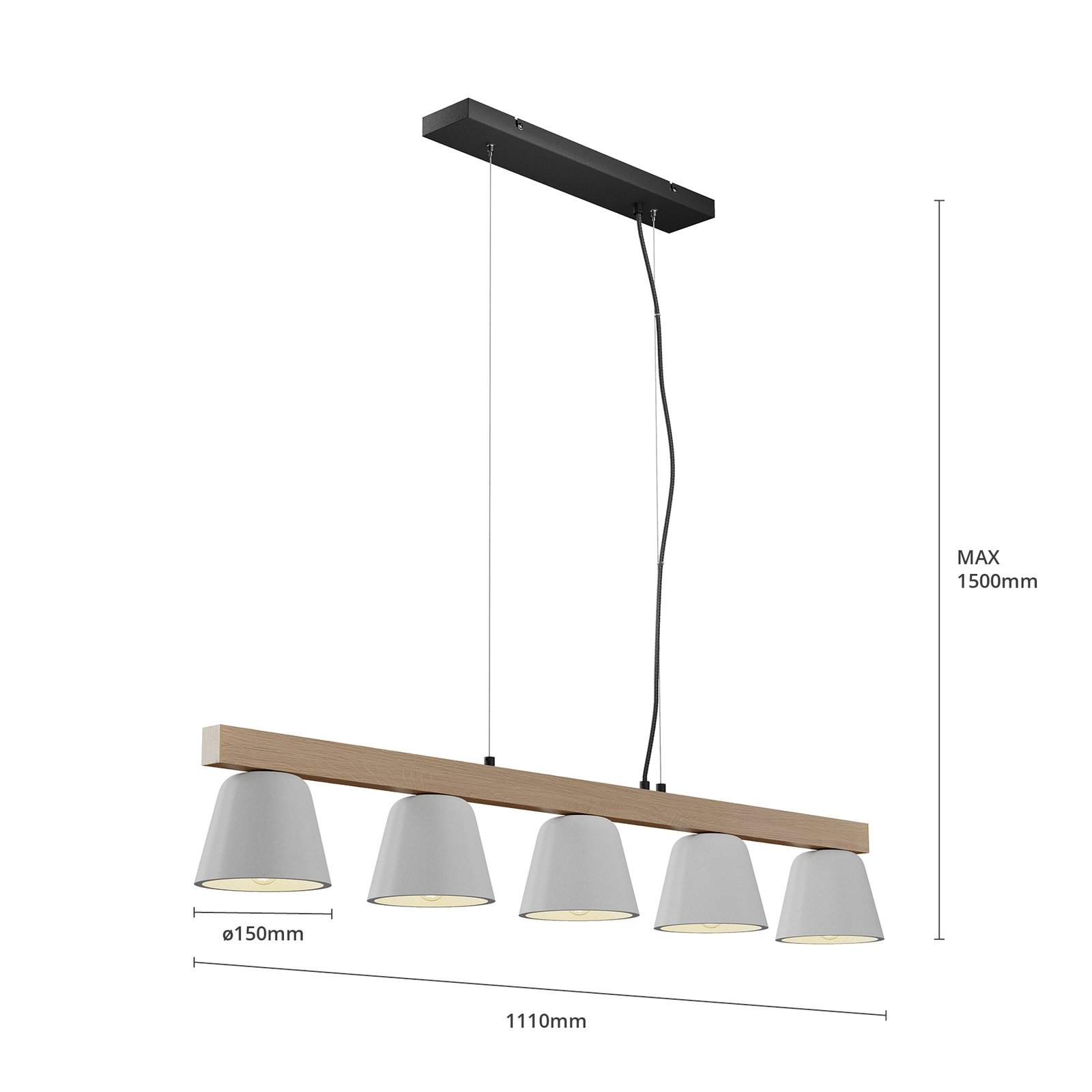 Lucande Kalinda hanglamp, beton, hout, 5-lamps