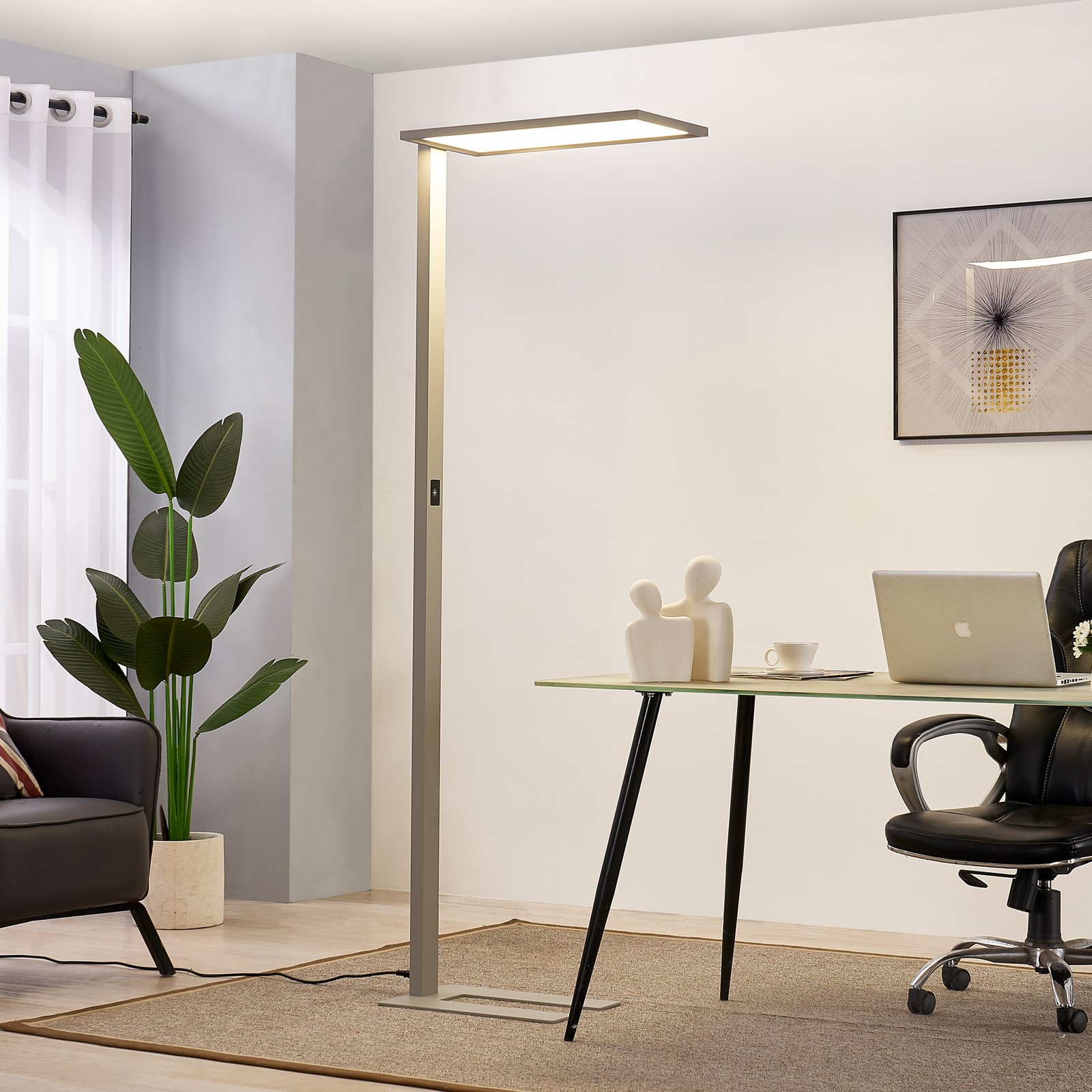Prios Taronis LED-Büro-Stehlampe, Dimmer, silber