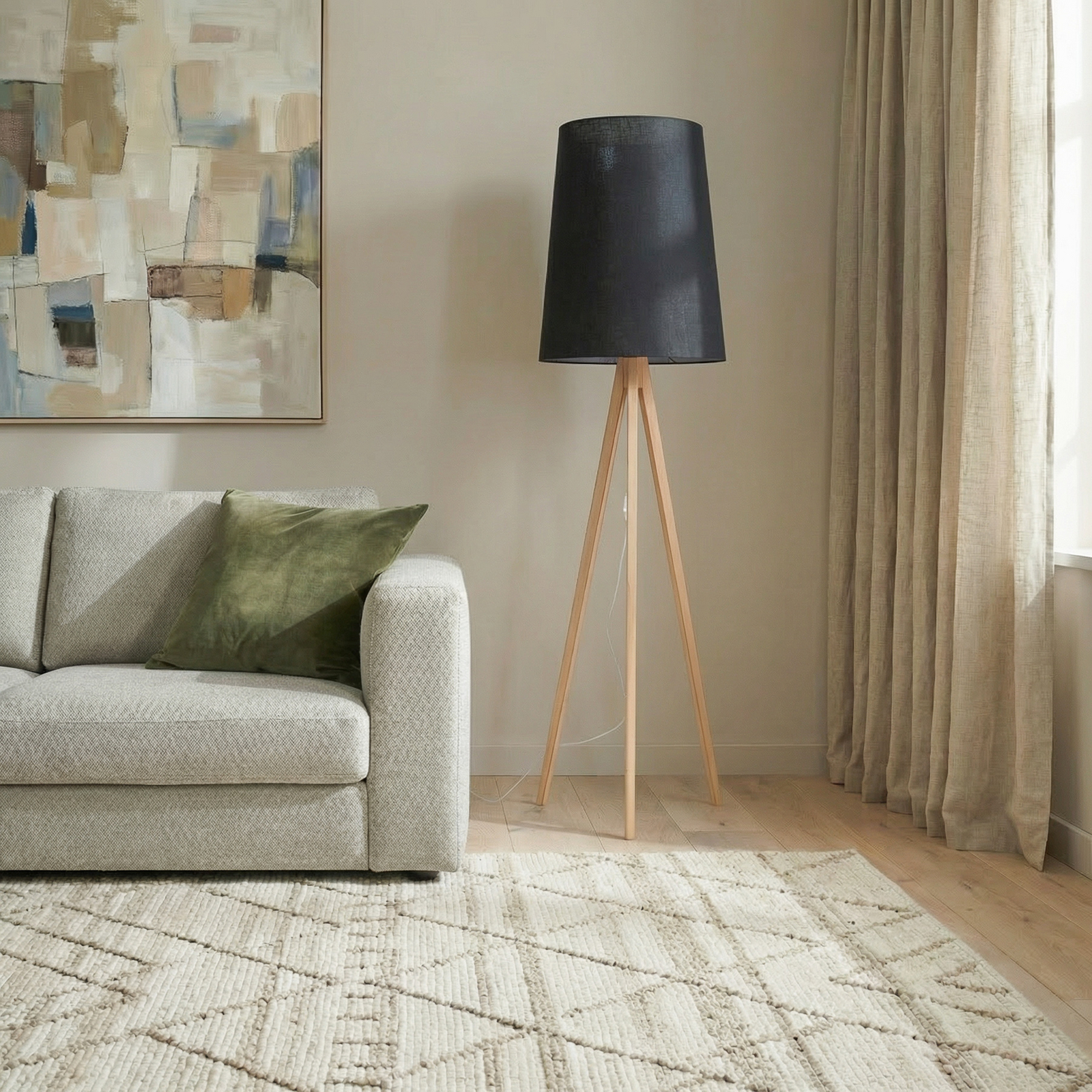 Lámpara de pie Walz, negra, madera, altura 175 cm, E27