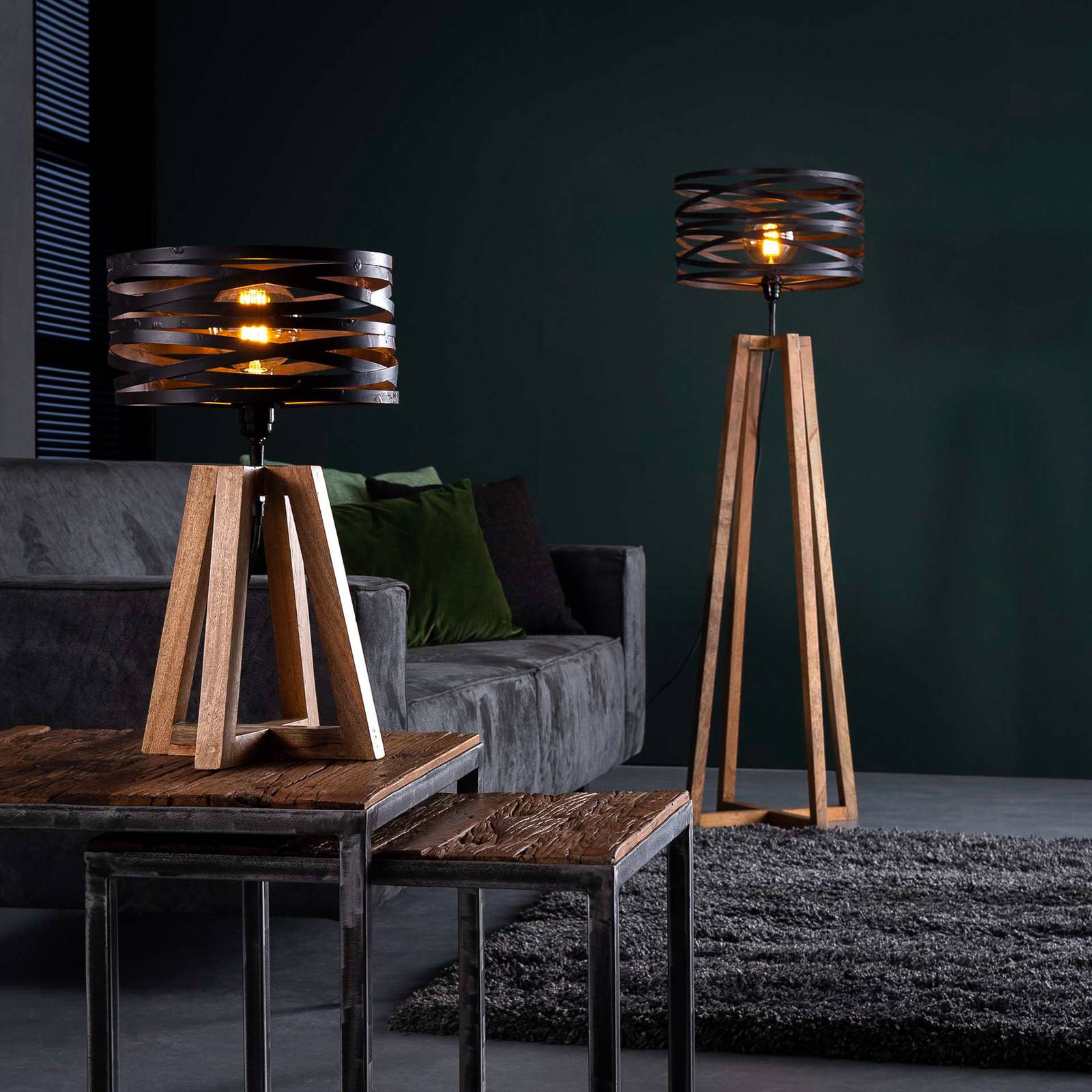 Lampa stołowa Crossround z drewnianą podstawą na trójnogu