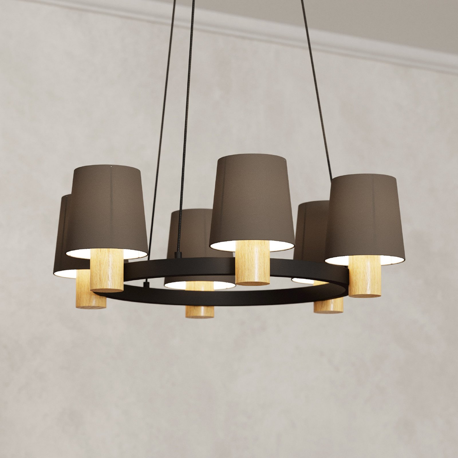 EGLO Edale candelabru 6x abajur pânză cappuccino rotund - Camera de zi / sufragerie - modern - cappuccino lemn culoare deschisă negru - Țesătură / Textil