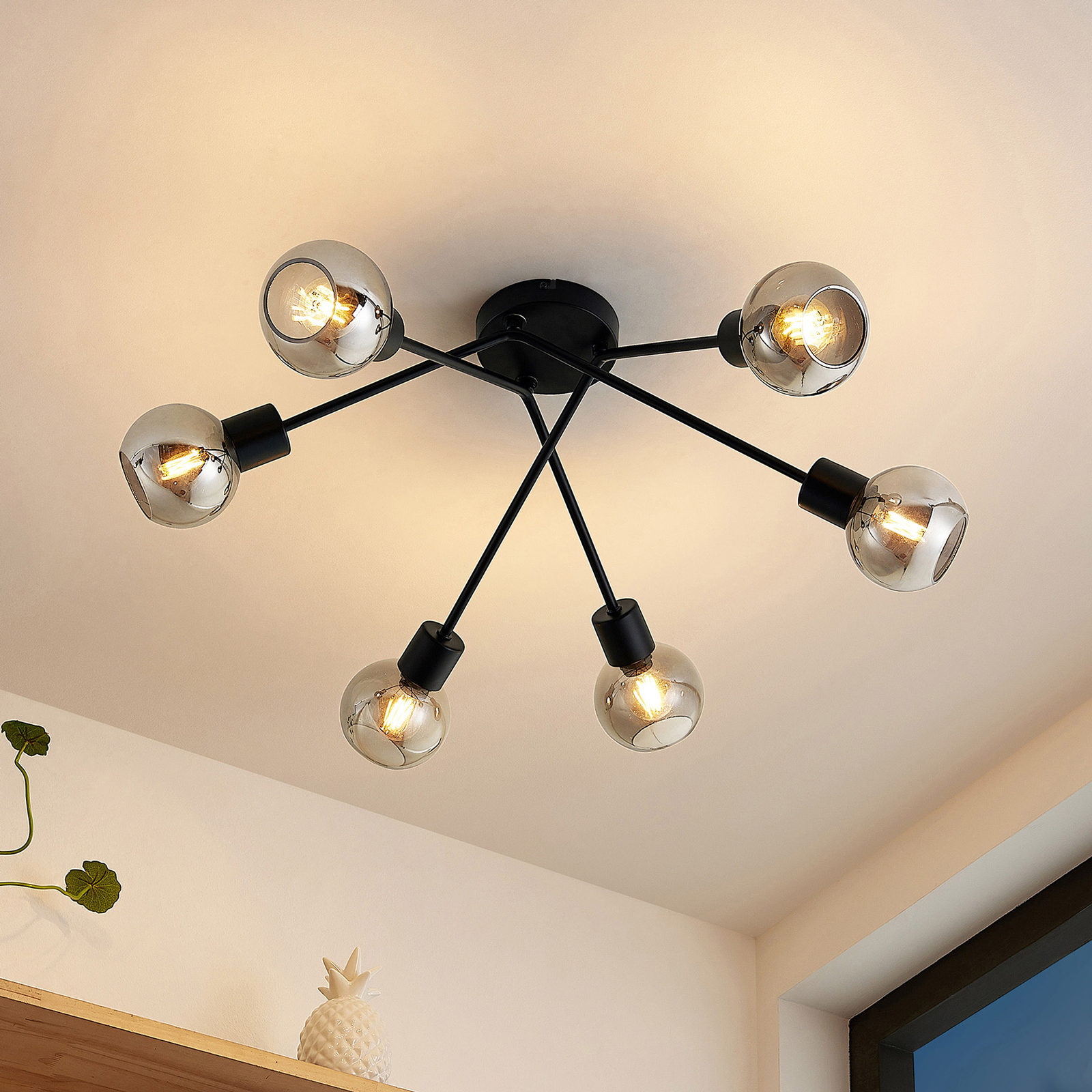 Lindby Lioma plafondlamp, 6-lamps, zwart