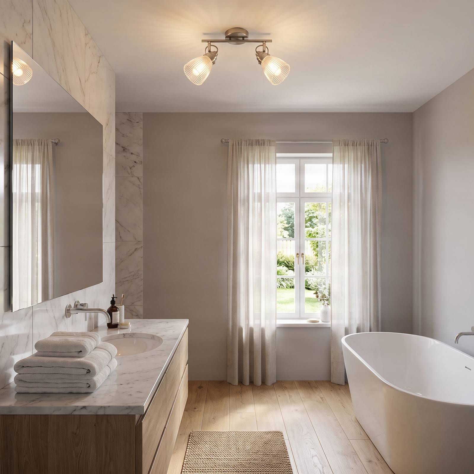 Lindby Aplique para baño Kara, 31 cm, 2 luces, cristal, IP44, G9