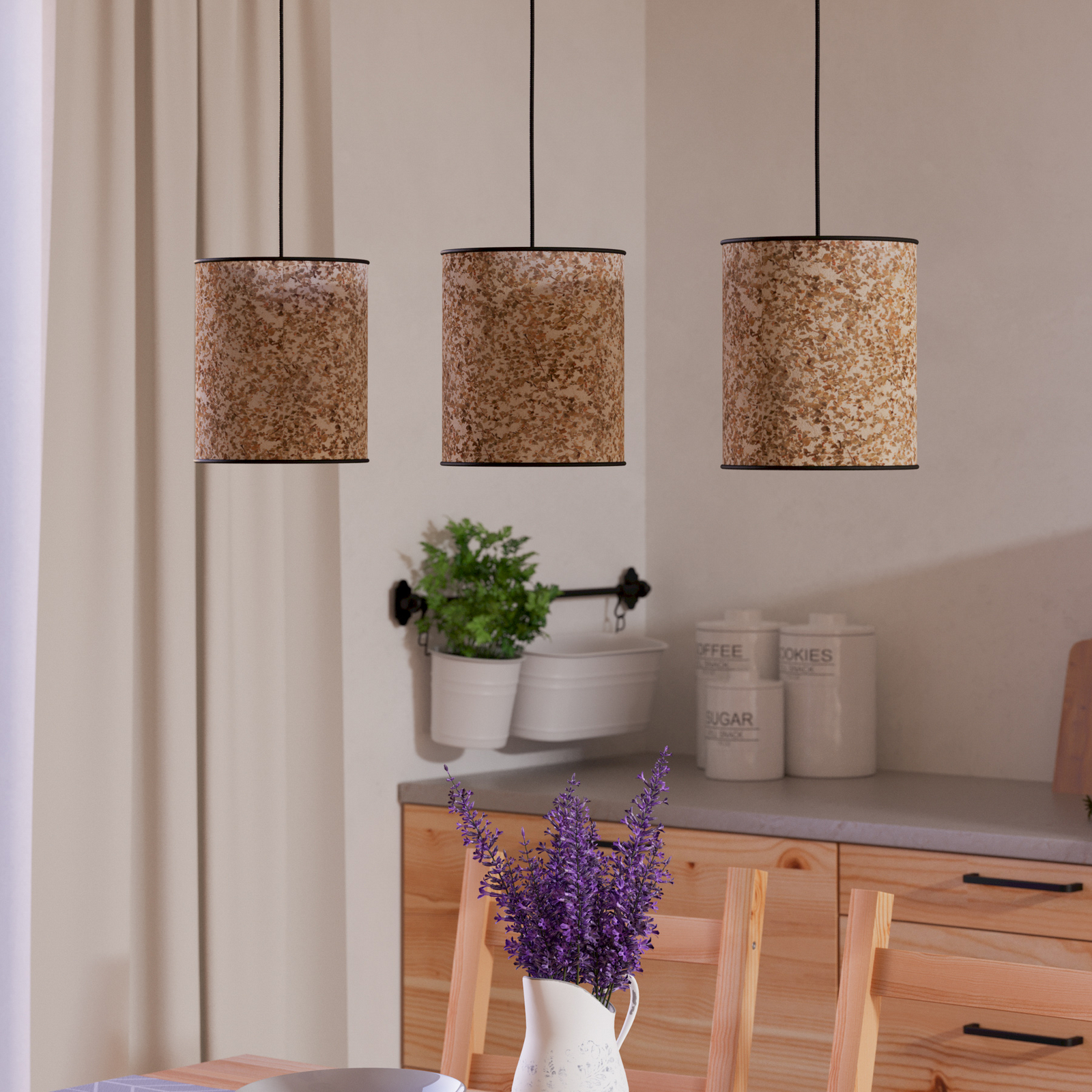 Butterburn hanging light, length 86 cm, beige/green, 3-bulb,