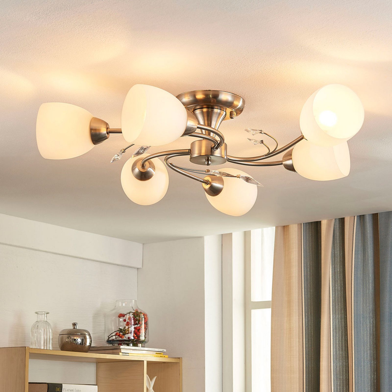 Lindby plafonieră Tatas Ø 64 cm nichel 6 becuri sticlă - Camera de zi / sufragerie - modern - alb nichel mat