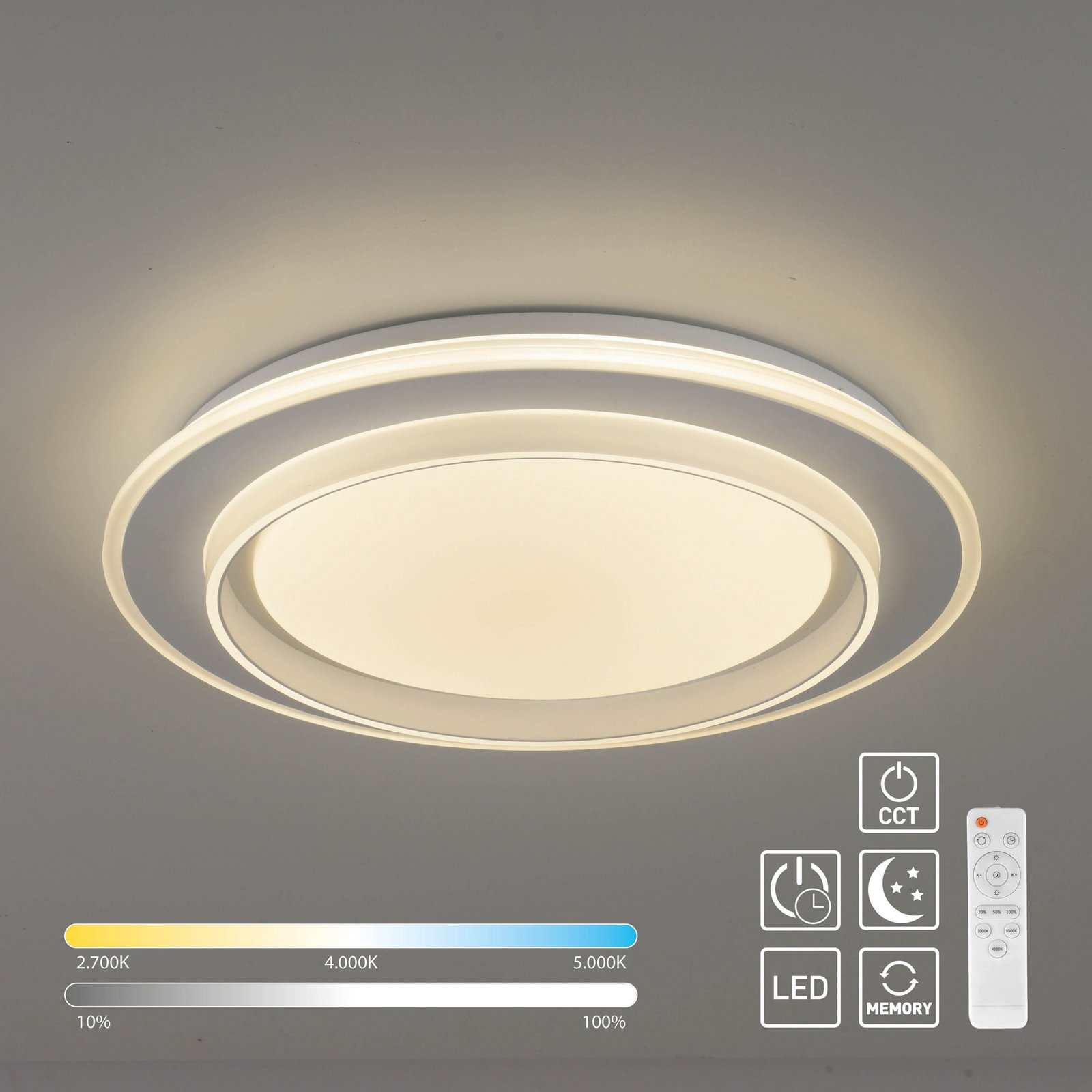 JUST LIGHT. LED plafondlamp Lago Ø 40 cm wit Afstandsbediening