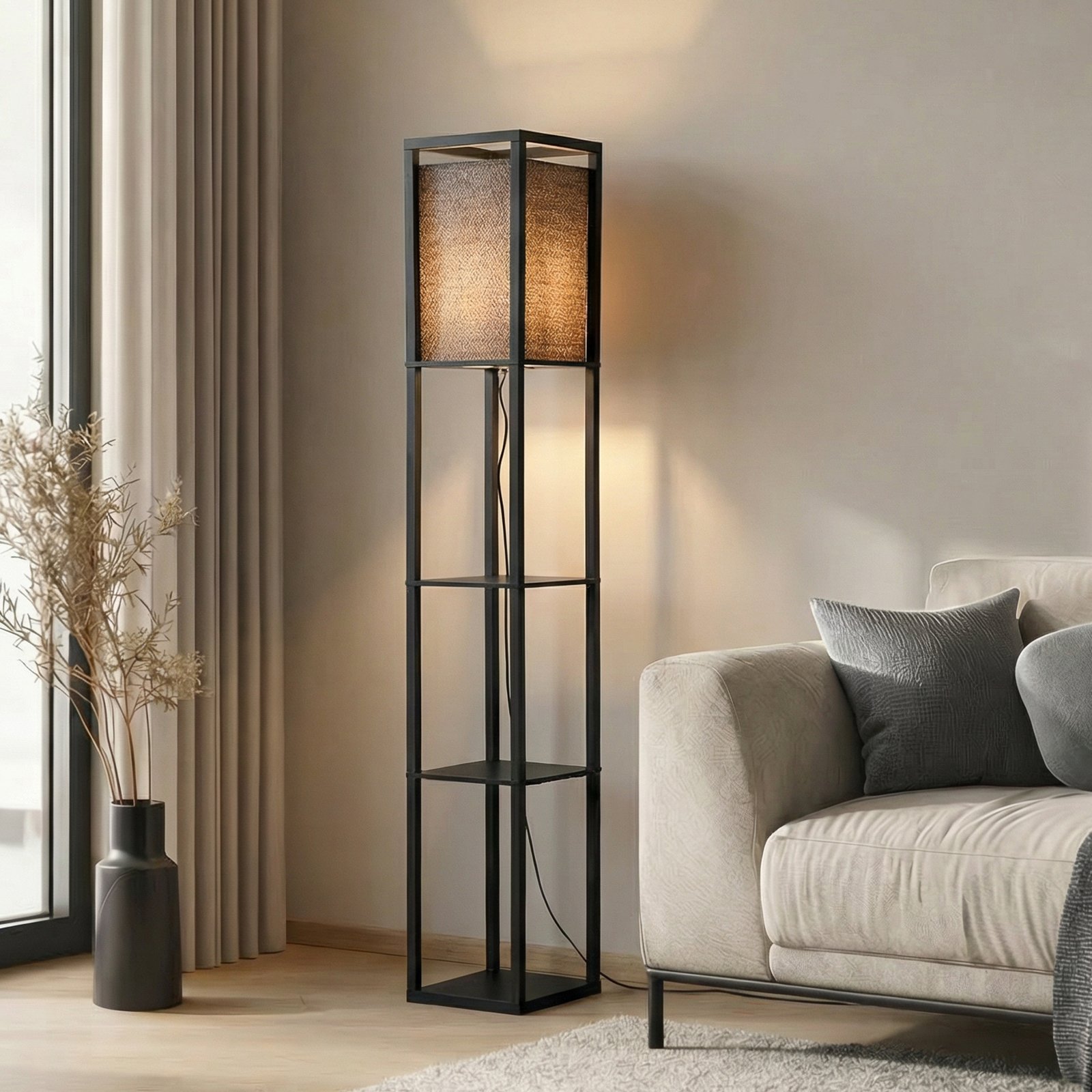 Lindby vloerlamp Birta, zwart, plank, hout, 159 cm