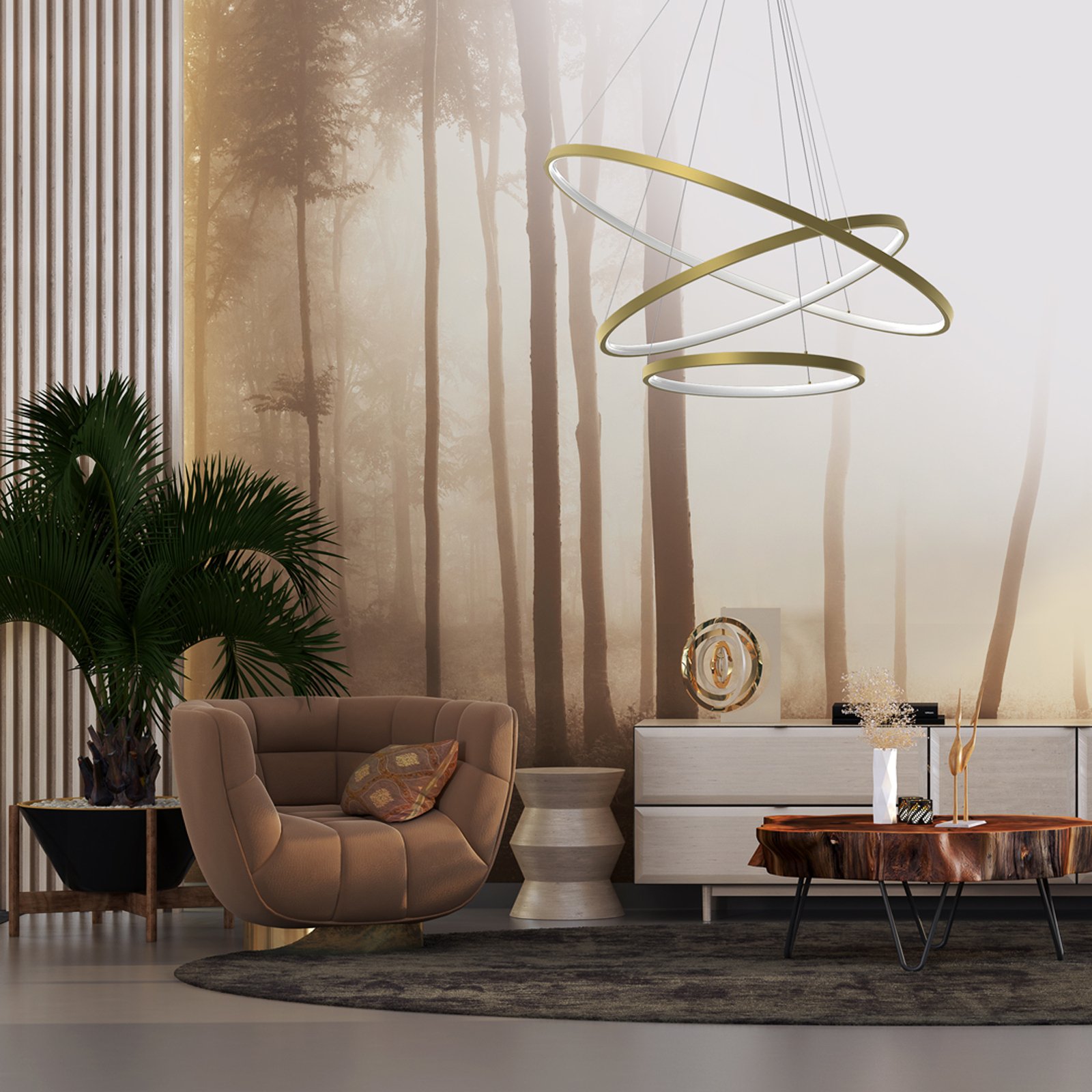 Rotonda LED hanglamp, kunststof, goud, 3-lamps, 93 W