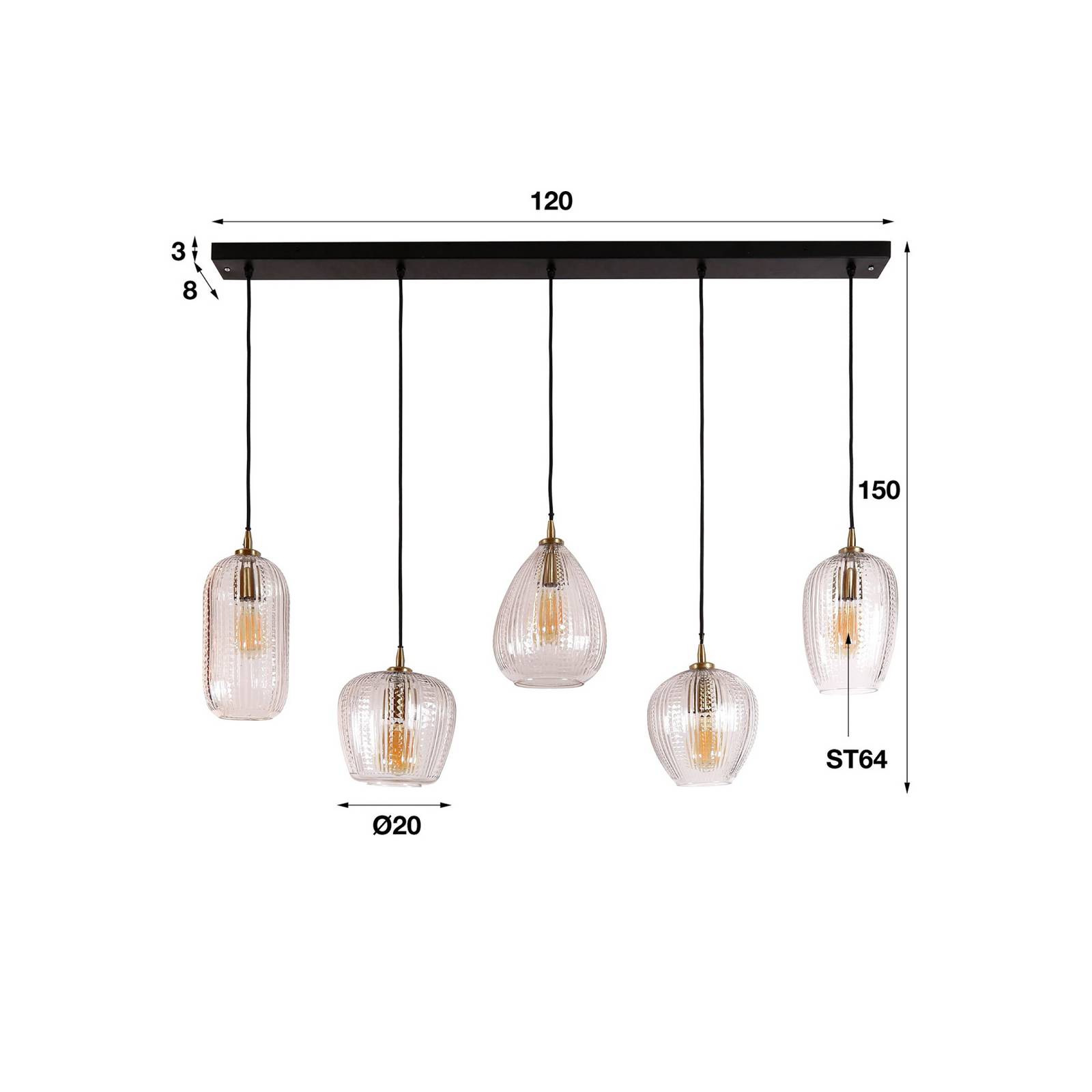 Lampa wisząca Riffleglass mix, 5-punktowa, szkło, przezroczysty, antracytowy