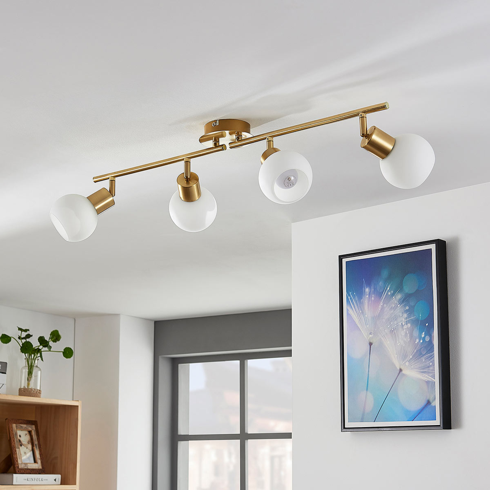 Lindby 4-bulb LED ceiling light Elaina in brass, for Living / Dining Room, metal, glass, E14, 4 W, energy efficiency: A+, L: 70 cm, H: 16.5 cm