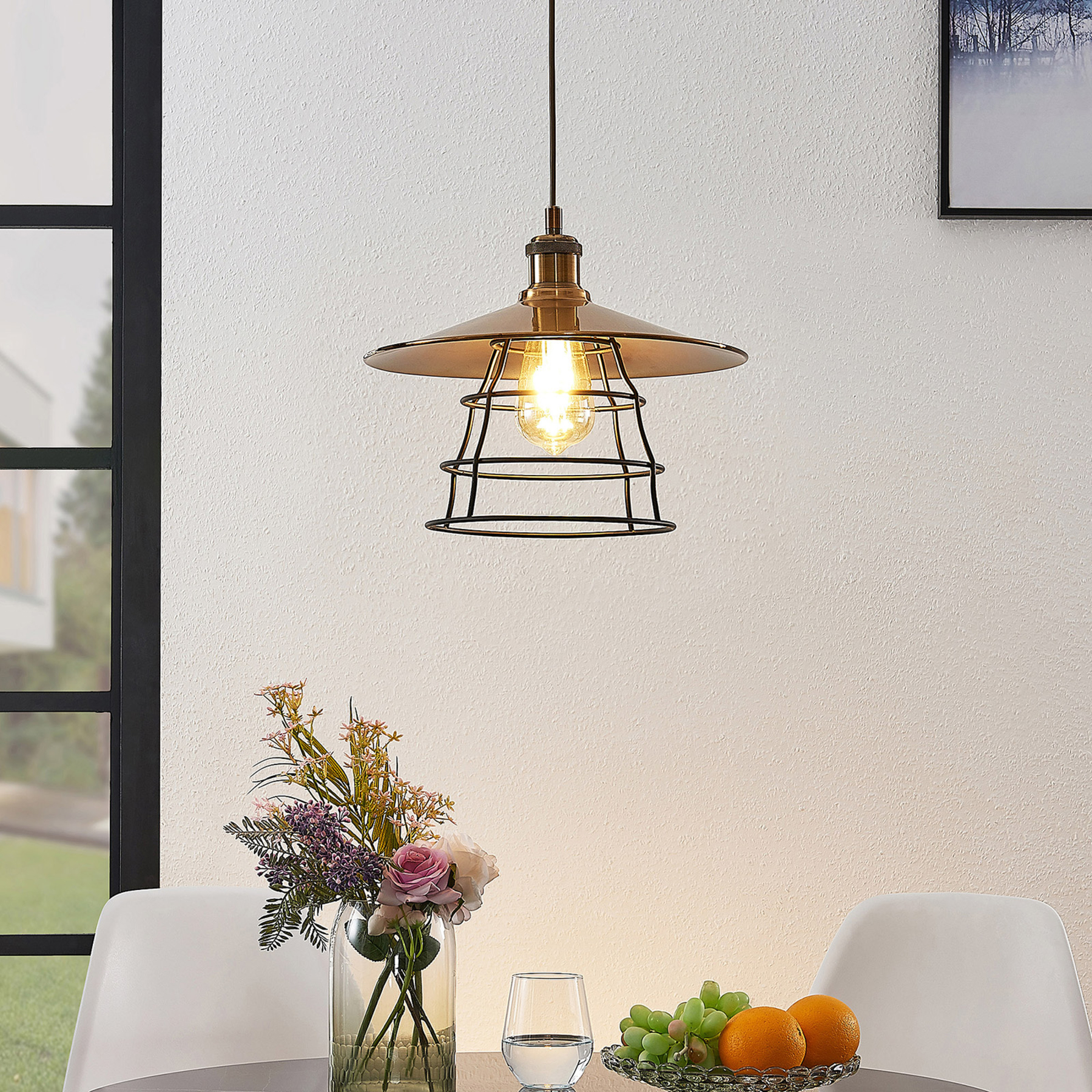 Lindby Ellmar hanging light in antique brass, for Living / Dining Room, metal, E27, 60 W, energy efficiency: A++, H: 28 cm