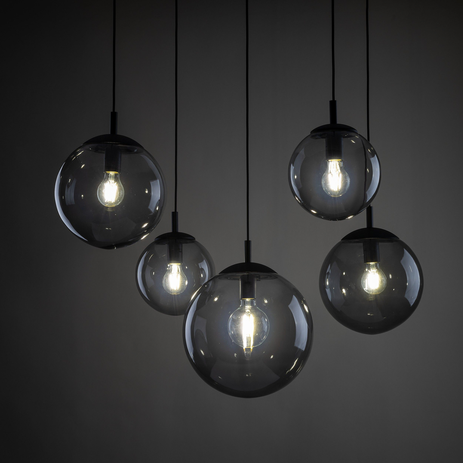 Esme hanging light, glass, graphite-transparent, 5-bulb, decentralised