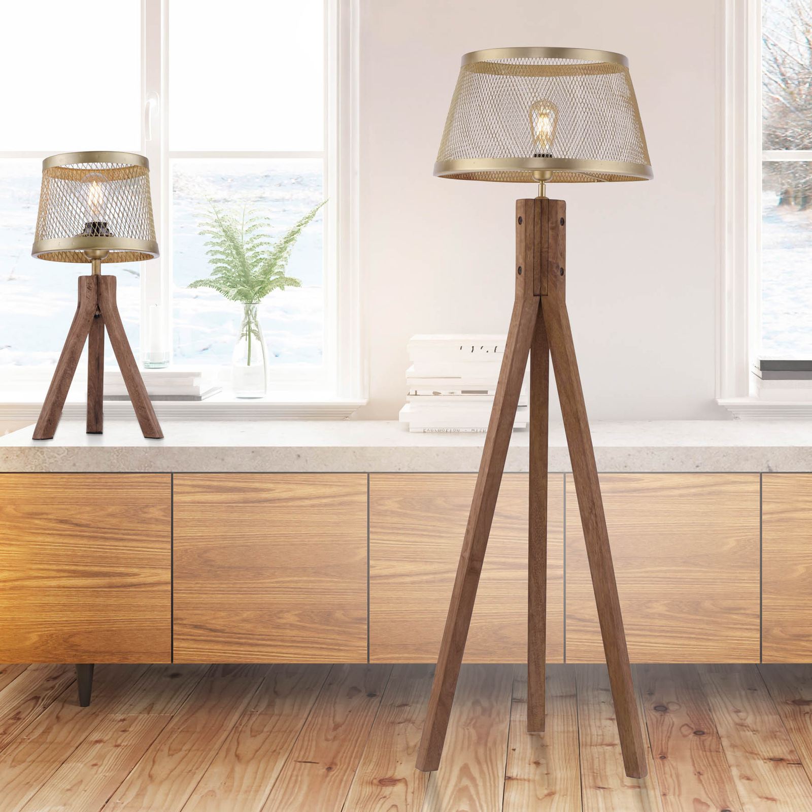 Frederik wooden floor lamp, tripod