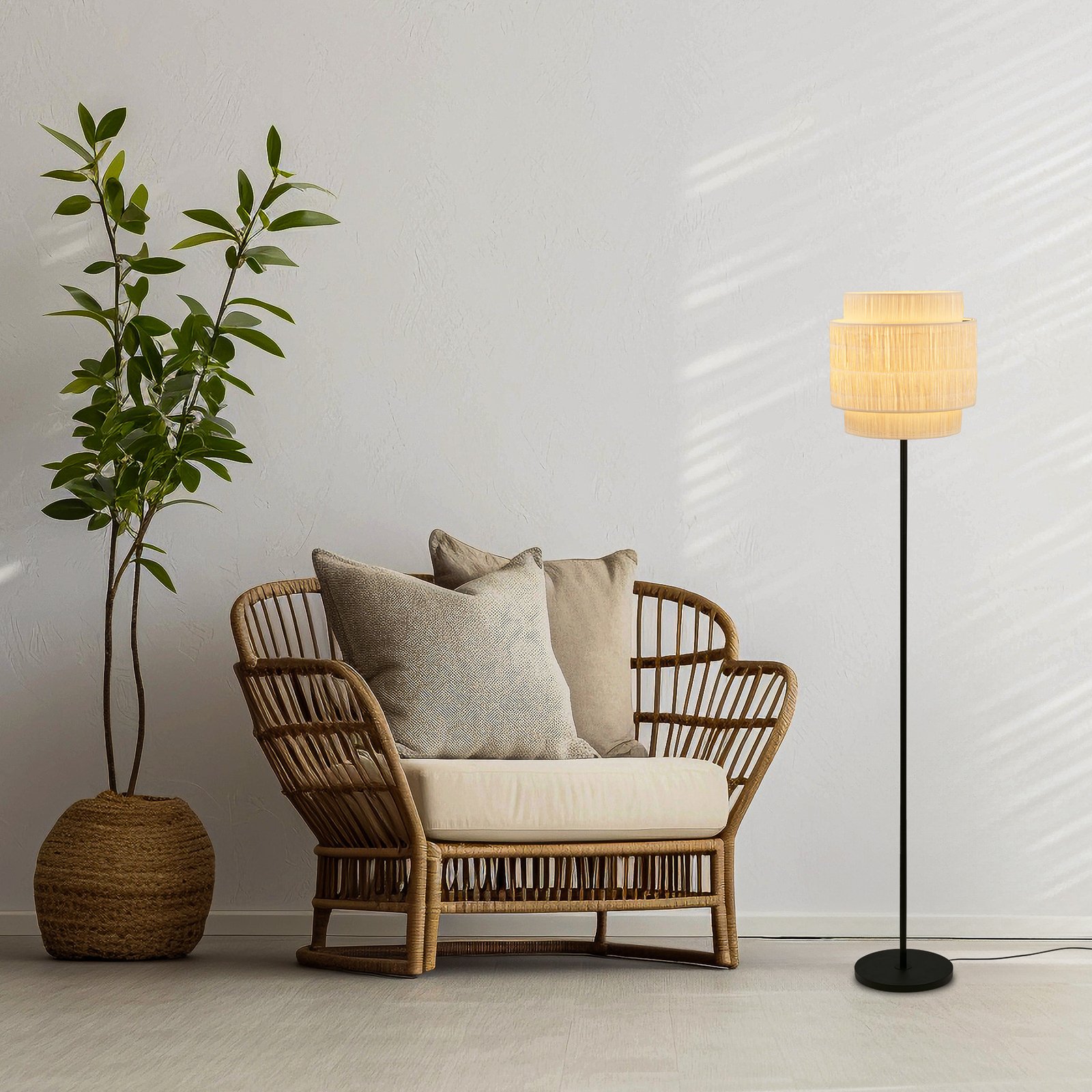 Papper floor lamp, natural colour, metal, raffia, E27