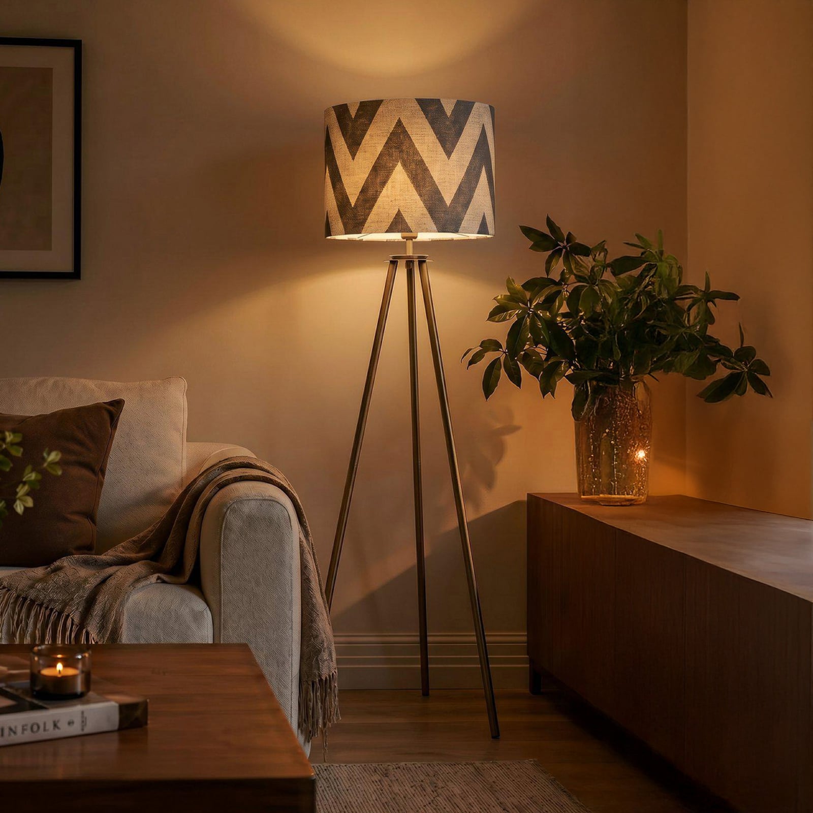 Lampa stojąca Base, złoto/beż, wysokość 123 cm, materiał tekstylny, E27