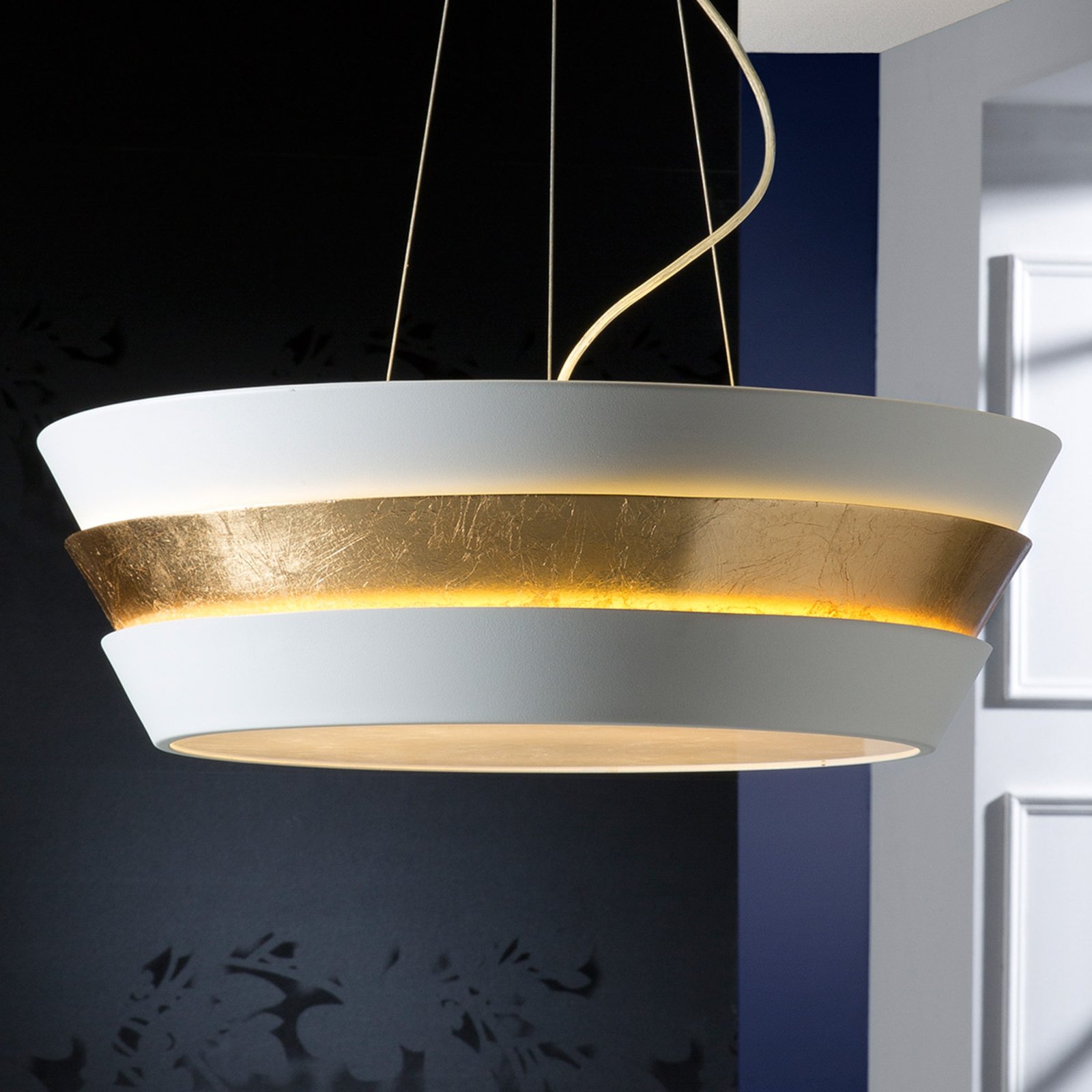 Schuller Noble hanging light Isis with gold-white lampshade, for Living / Dining Room, metal, gold leaf, plastic, E27, 10 W, energy efficiency: A++