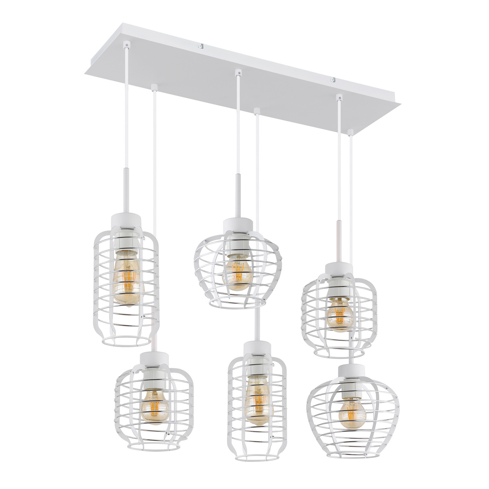 Lampă suspendată Nesa, lungime 77 cm, alb/crom, metal, cu 6 becuri Lampă suspendată Nesa, lungime 77 cm, alb/crom, metal, cu 6 becuri