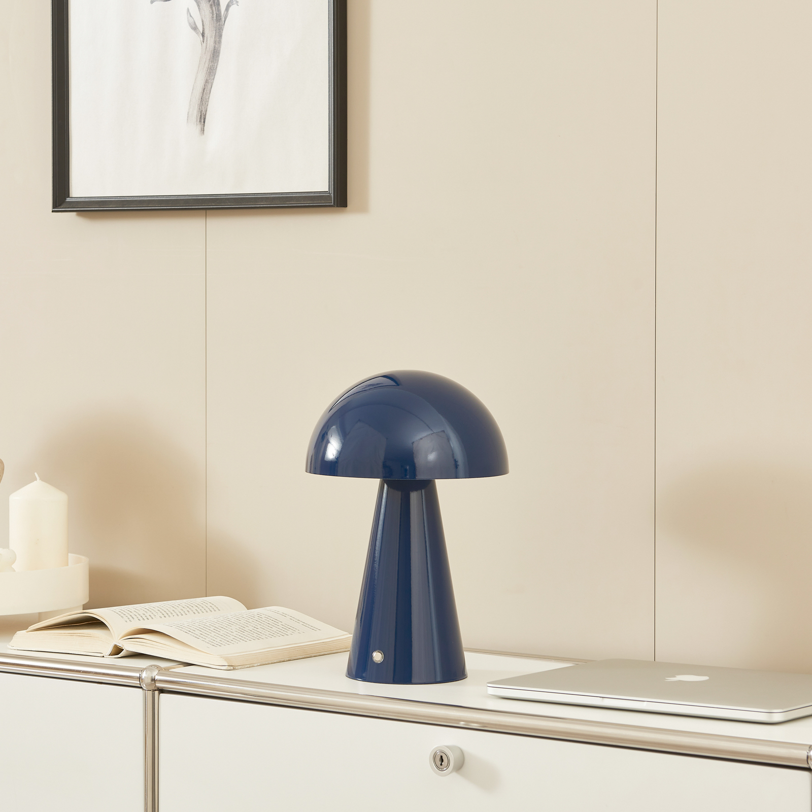 Lindby Lampe de table LED rechargeable Nevijo, bleu, Ø20cm, USB, variateur