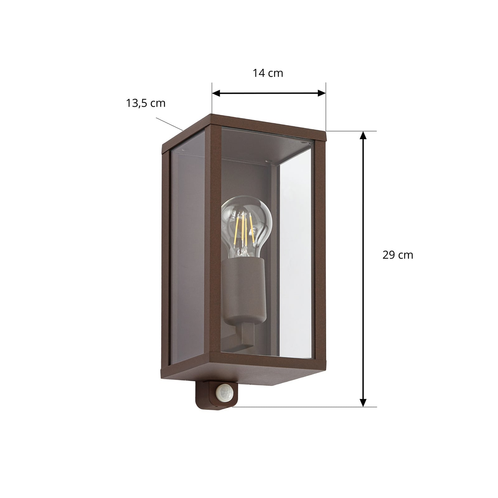 Lindby utomhusvägglampa Peldar, rostfärgad/klar, 26 cm, sensor Lindby utomhusvägglampa Peldar, rostfärgad/klar, 26 cm, sensor
