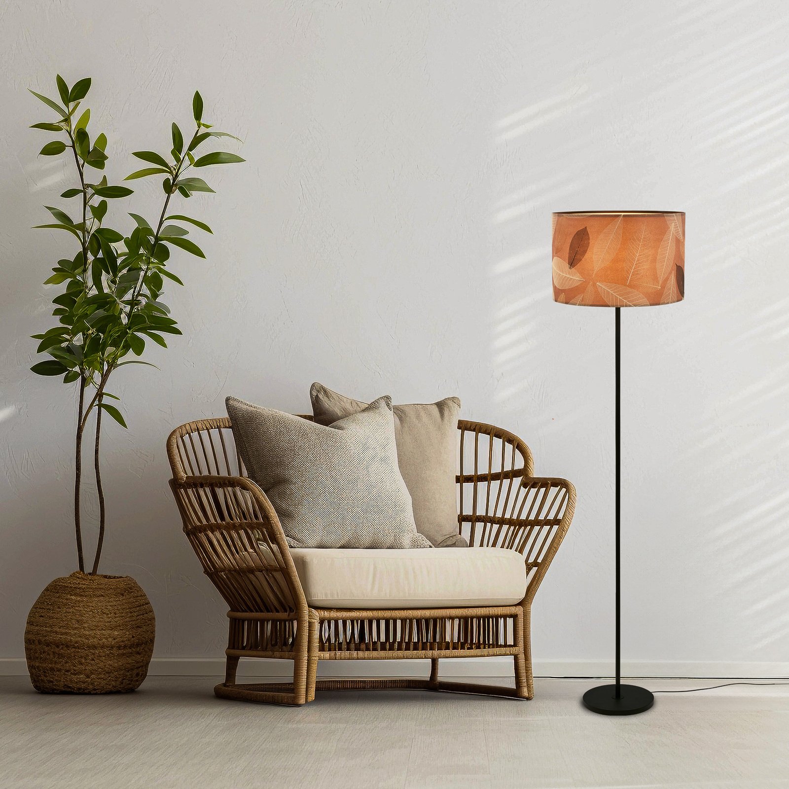 Mata floor lamp, brown, metal, fabric, E27