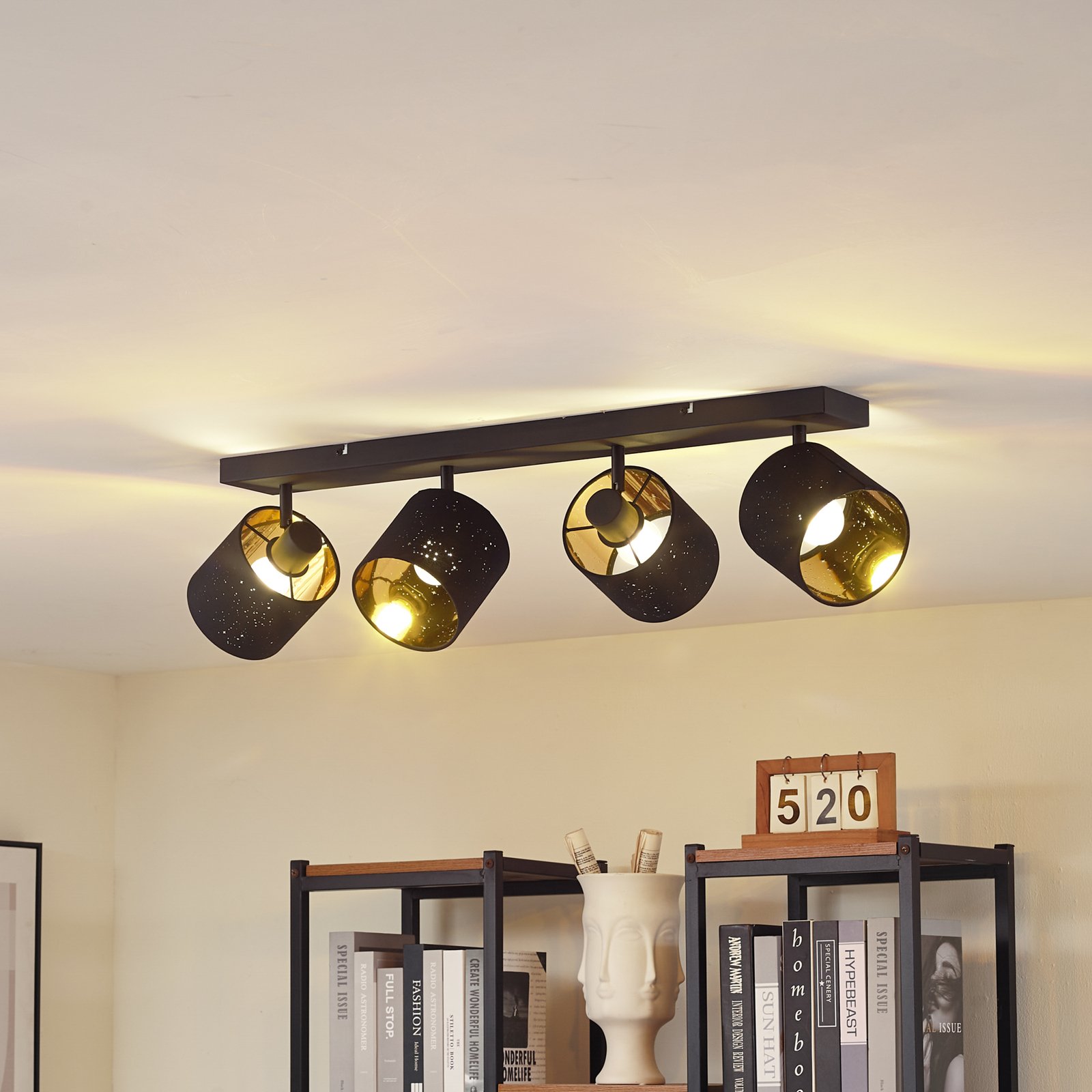 Lindby ceiling light Vasilia, 4-bulb, black/gold, fabric