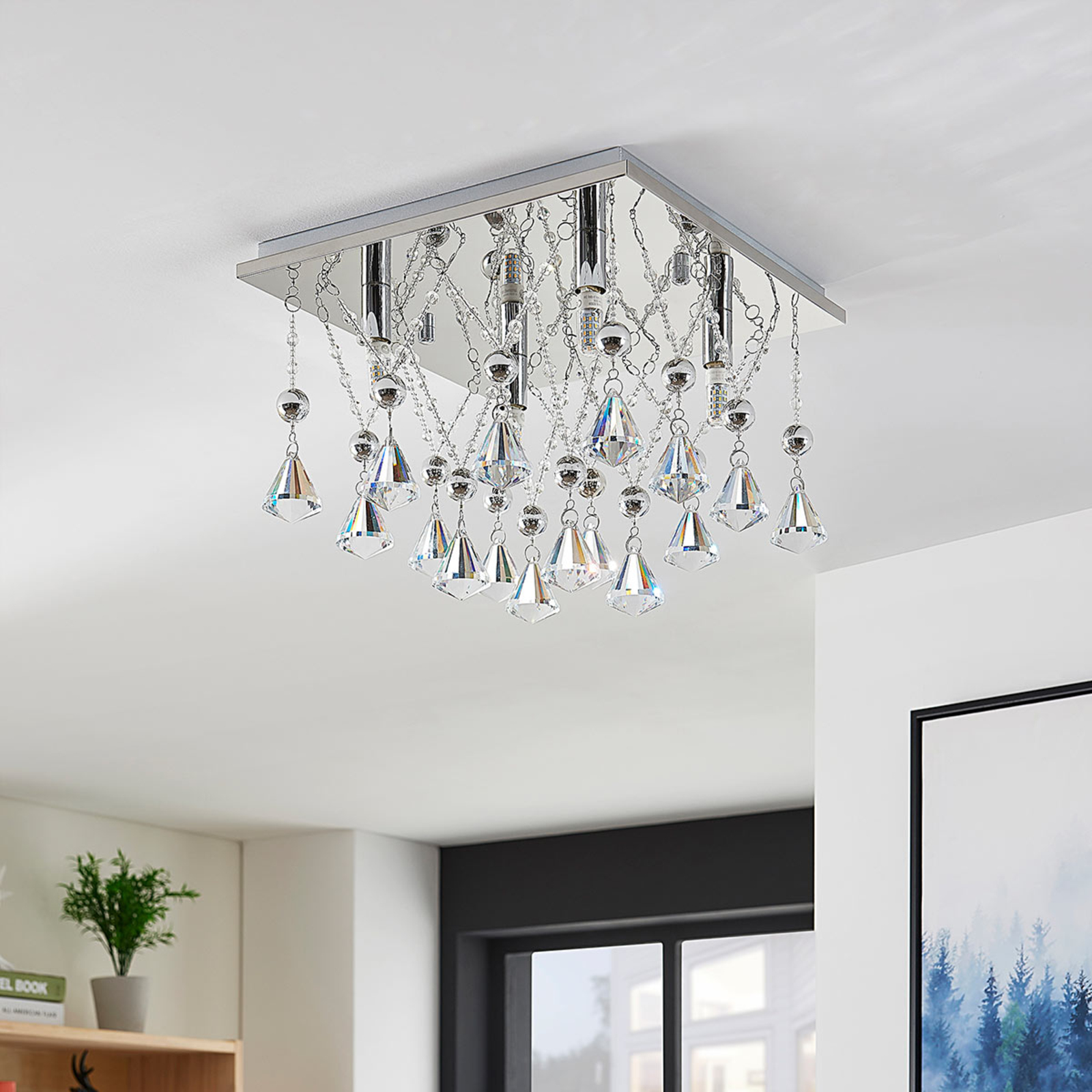 Saori crystal ceiling lamp, chrome-plated