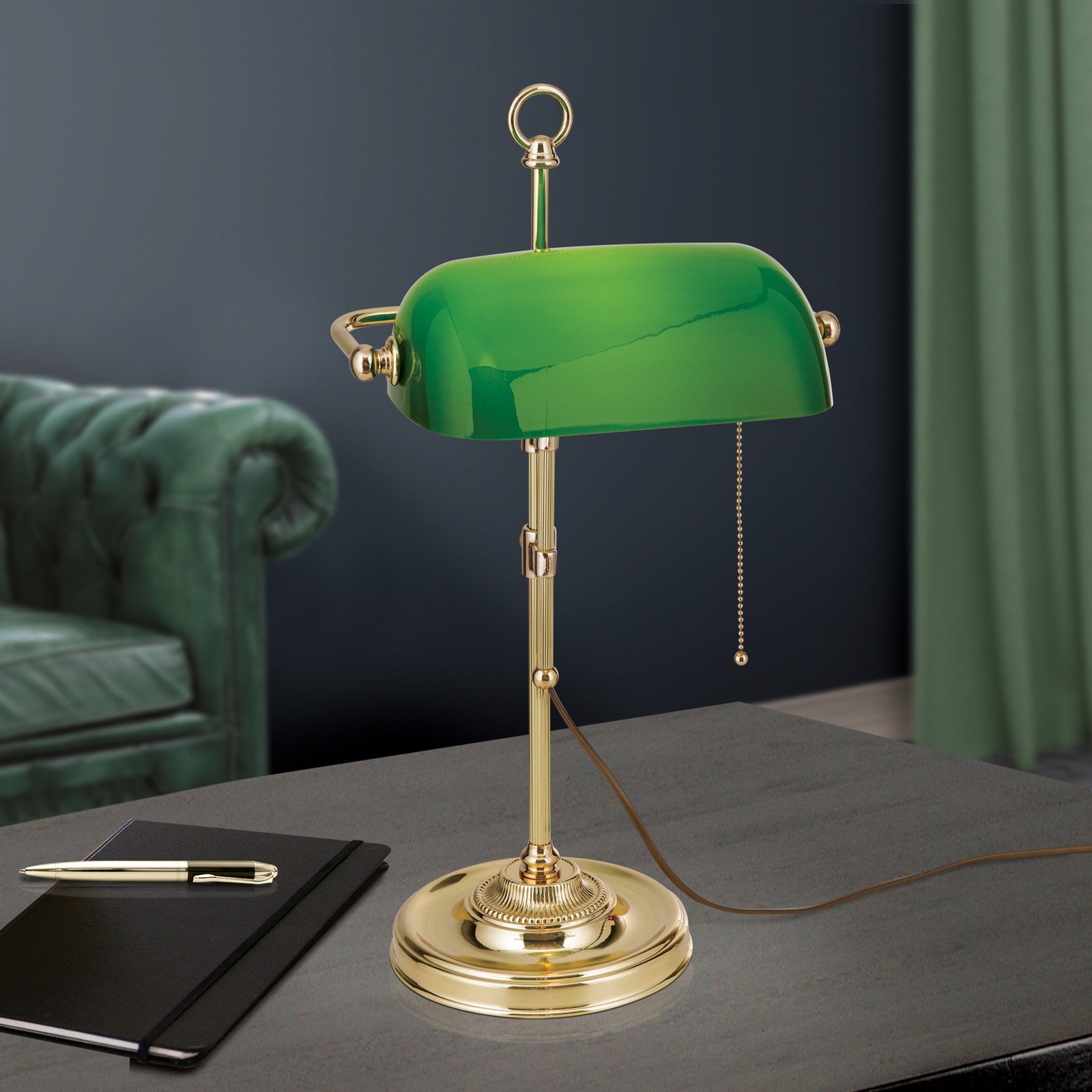ORION Lampă bancher Harvard comutator șnur alamă/verde - Studiu / Birou - Vintage - alamă verde - Metal