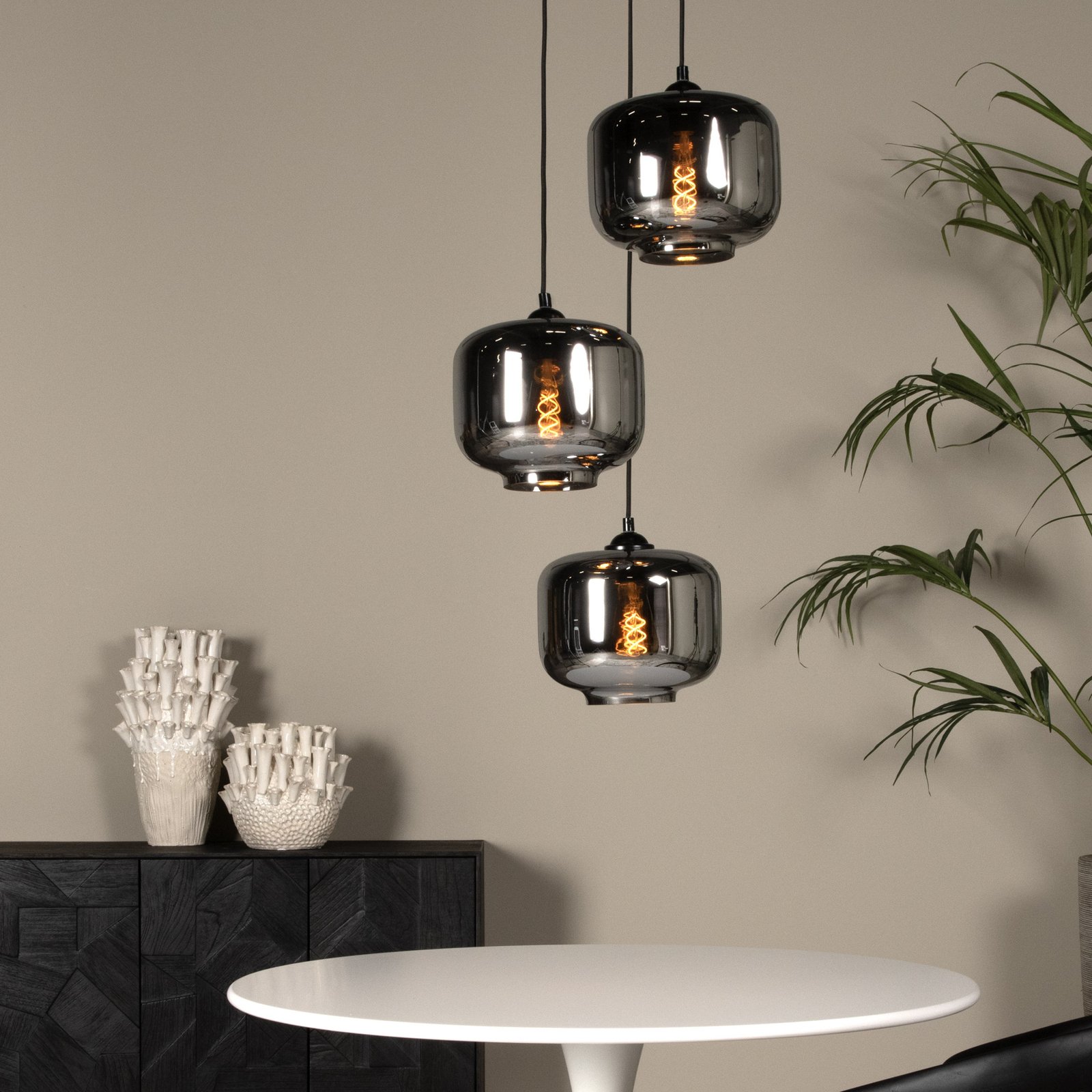 Medine pendant light, smoke grey, Ø 46 cm, glass, 3-bulb