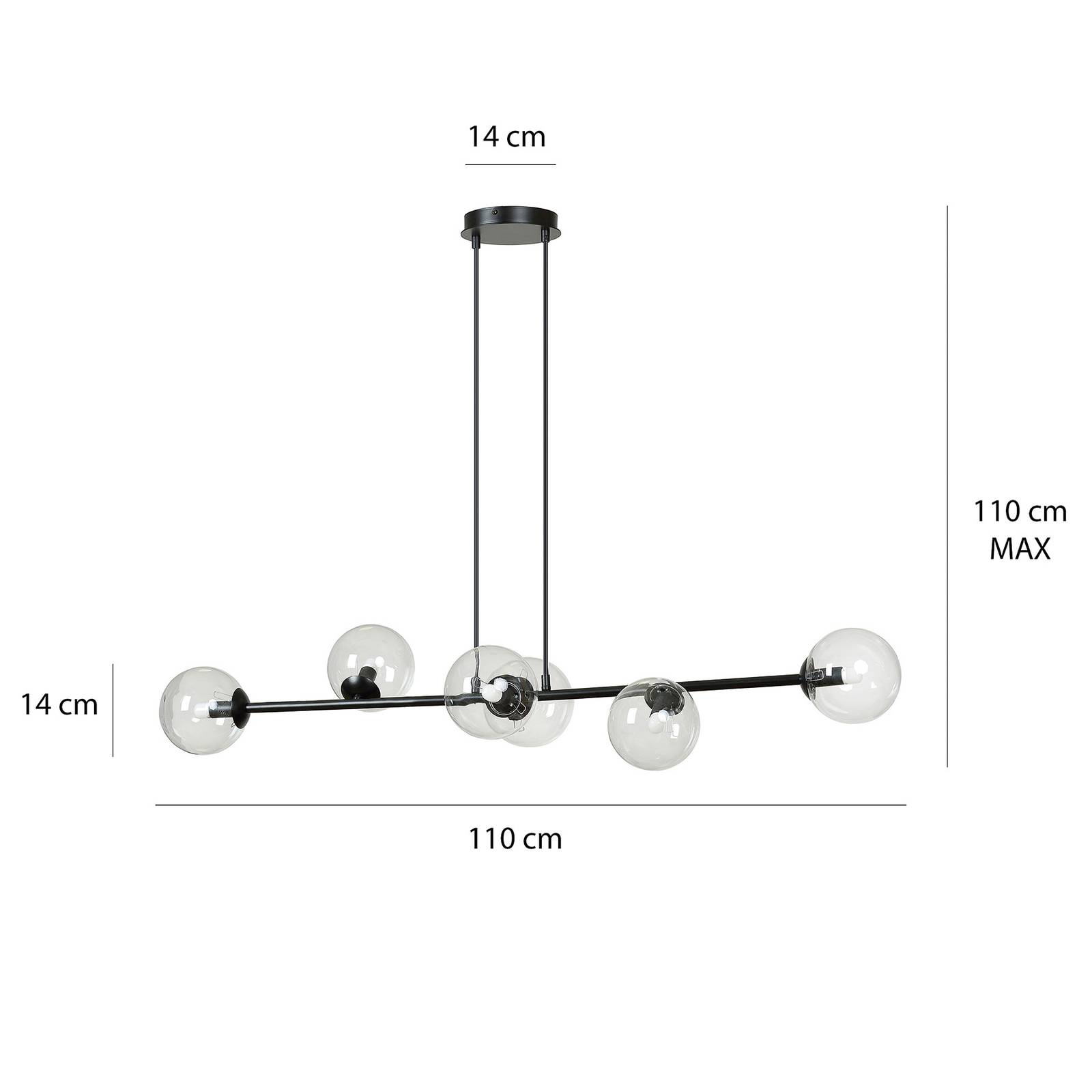 Lampa wisząca Glassy, 6-punktowa, czarny, przezroczysty, szkło, 110 cm