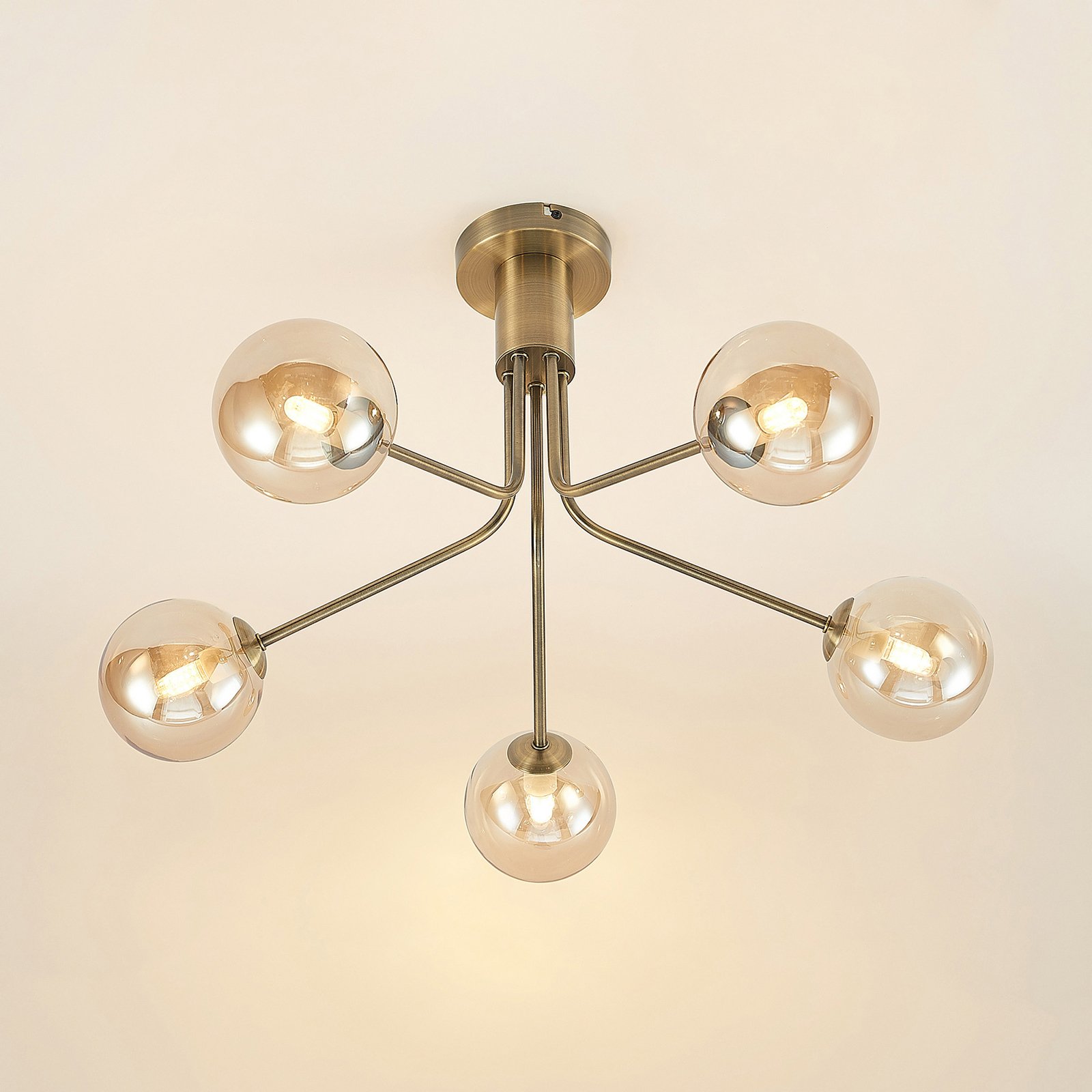 Lucande Wynona ceiling light, 5-bulb antique brass