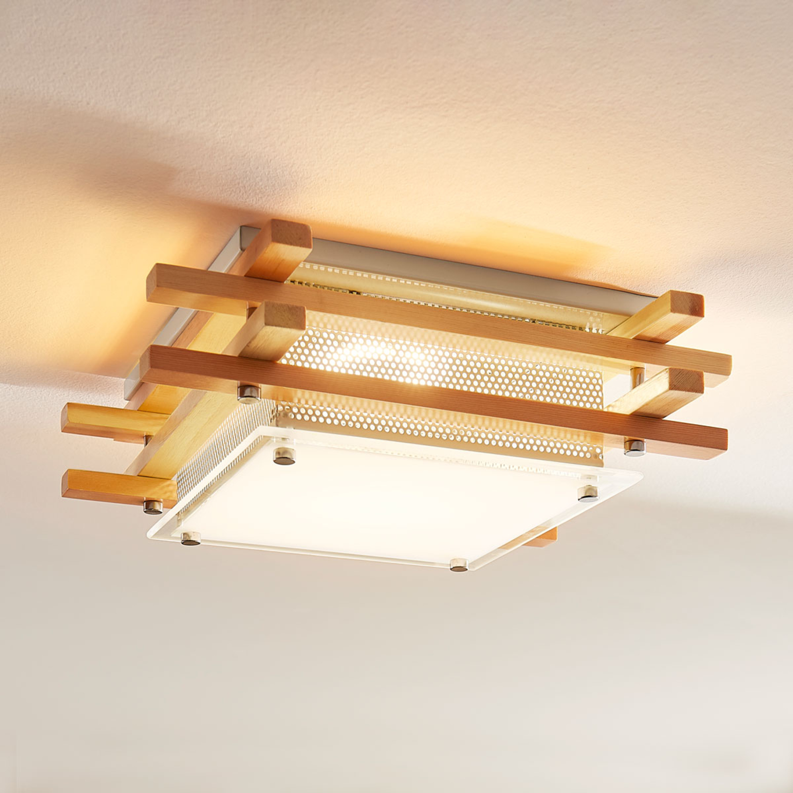 Eckige LED-Holz-Deckenlampe Zuna, dimmbar
